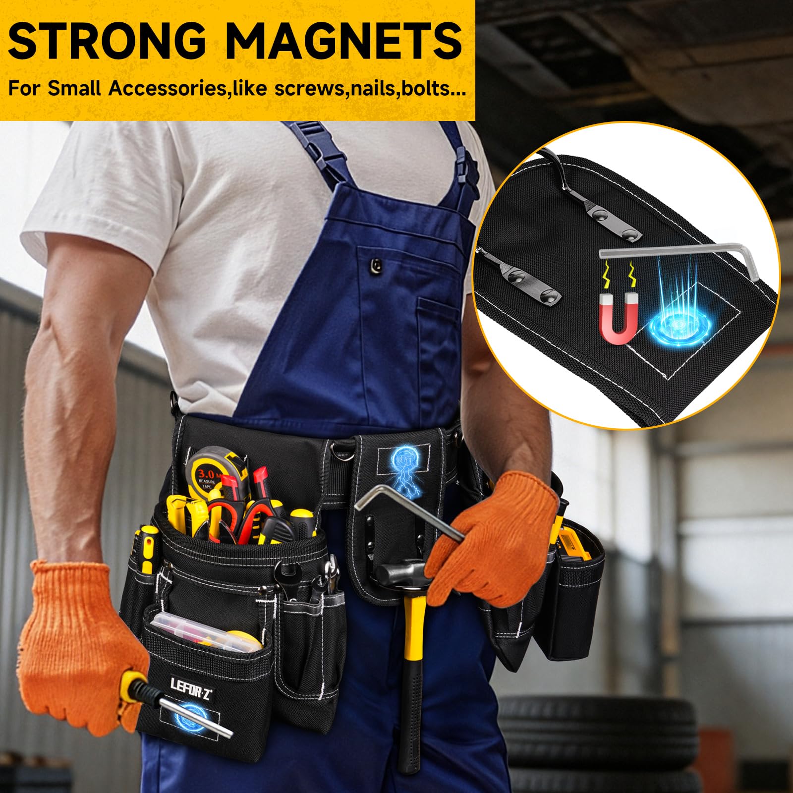 Ceinture porte Outils mit 27 Poches,Ceinture à Outils,Amovible Réglable Sac à Outils Magnétique avec 4 anneaux en D,Rembourrée Robuste pour Hommes,électriciens,Charpentiers,Ouvriers du Bâtiment,Noir