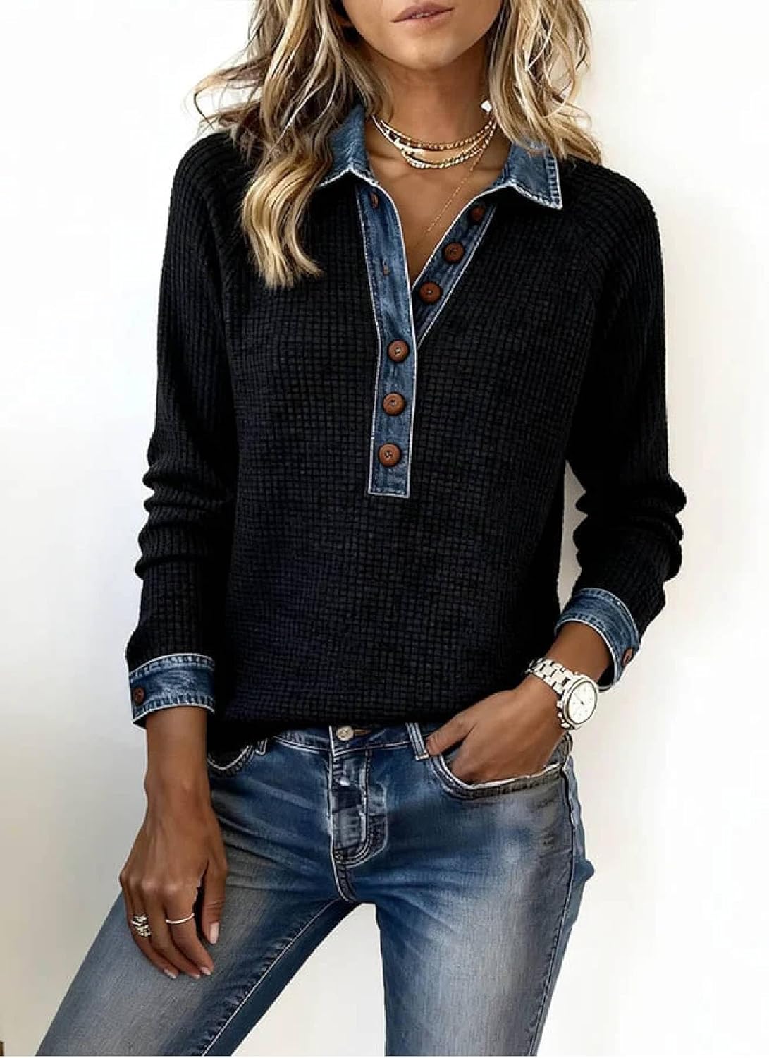 CBZDJX Women's Waffle Knit Top with Denim Collar Cuffs Button Front Long Sleeve Pullover Casual Office Outfits - Image 3