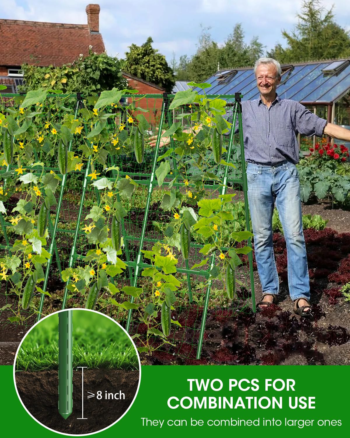 MYMULIKE Paquete de 4 enrejados de pepino, enrejado de jardín para plantas trepadoras al aire libre, enrejado de pepino con marco en A para cama elevada, soporte de cultivo de plantas para tomate