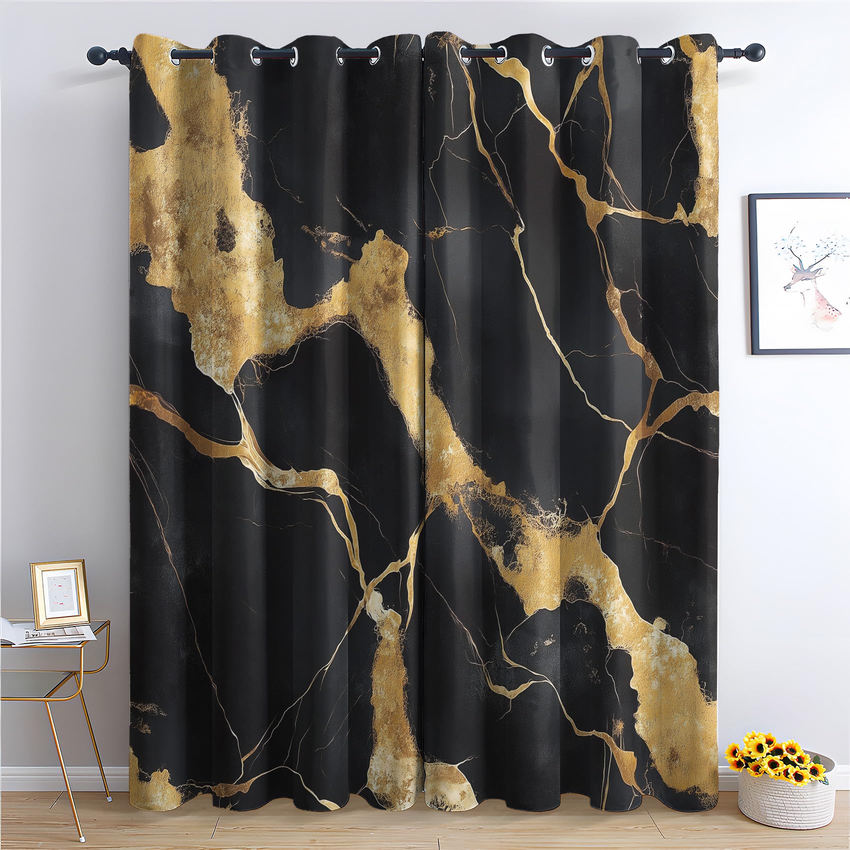 AopKrymth Black Gold Marble Blackout Curtains for Bedroom, Abstract Luxury Curtains for Living Room, Modern Drapes Home Decor, Thermal Insulated Eyelet Window Curtain, 52 x 54 Inch 2 Panels