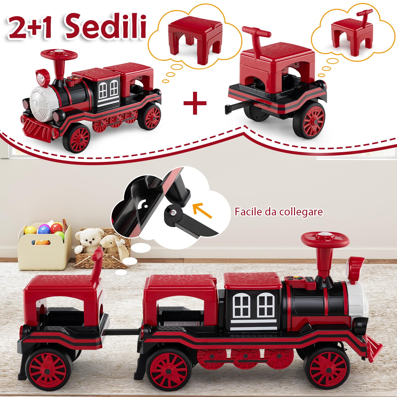 COSTWAY Trenino Elettrico Cavalcabile per Bambini, 12V Macchina Elettrica a 3 Posti con Locomotiva e Vagone Rimovibili, Treno con Luci LED, Clacson e Musica, per Bambini 3-8 Anni (Rosso)