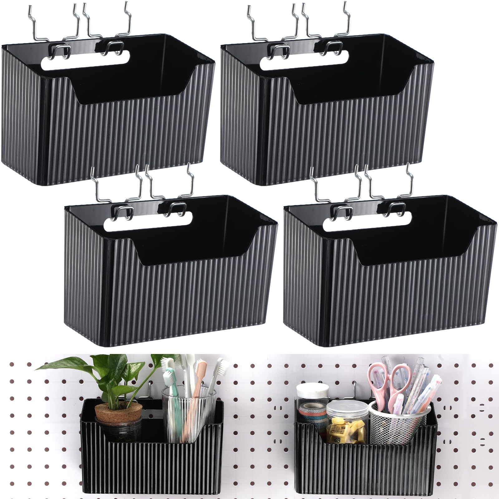 Suzile 4 Pcs Pegboard Bins Plastic Bins Set 7.9 x 3.3 x 4.7'' Pegboard Containers with Metal Hooks Organizing Assortment Accessories for Organizing
