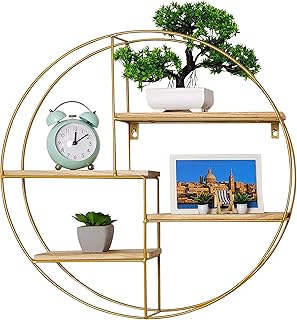 NORIVA Étagère murale ronde dorée avec 4 étagères – Étagère suspendue en 100 % bois naturel et métal – Étagère flottante – Étagère décorative pour salon 50 cm