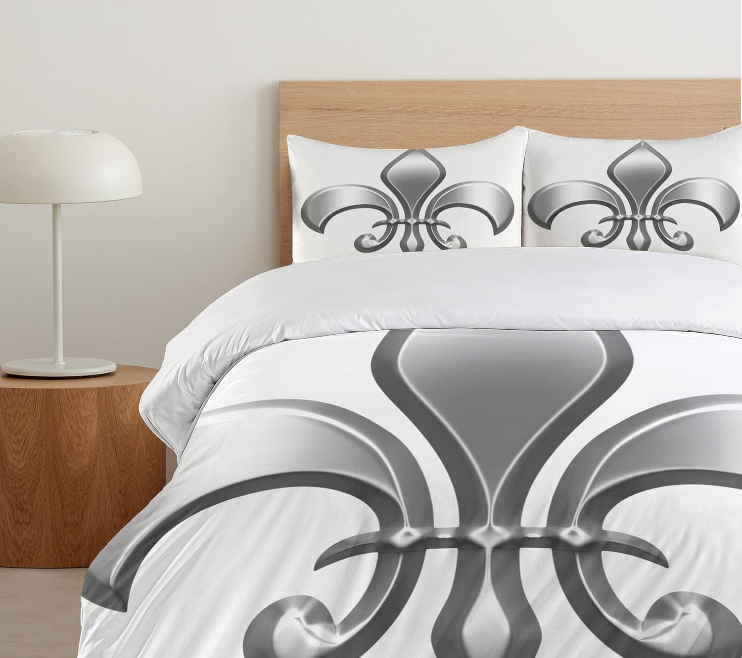 Ambesonne Fleur De Lis Duvet Cover Set, Lily Flower Nobility of Knights in Medieval Time European Iris, Decorative 3 Piece Bedding Set with 2 Pillow Shams, King Size, White Silver King White Silver