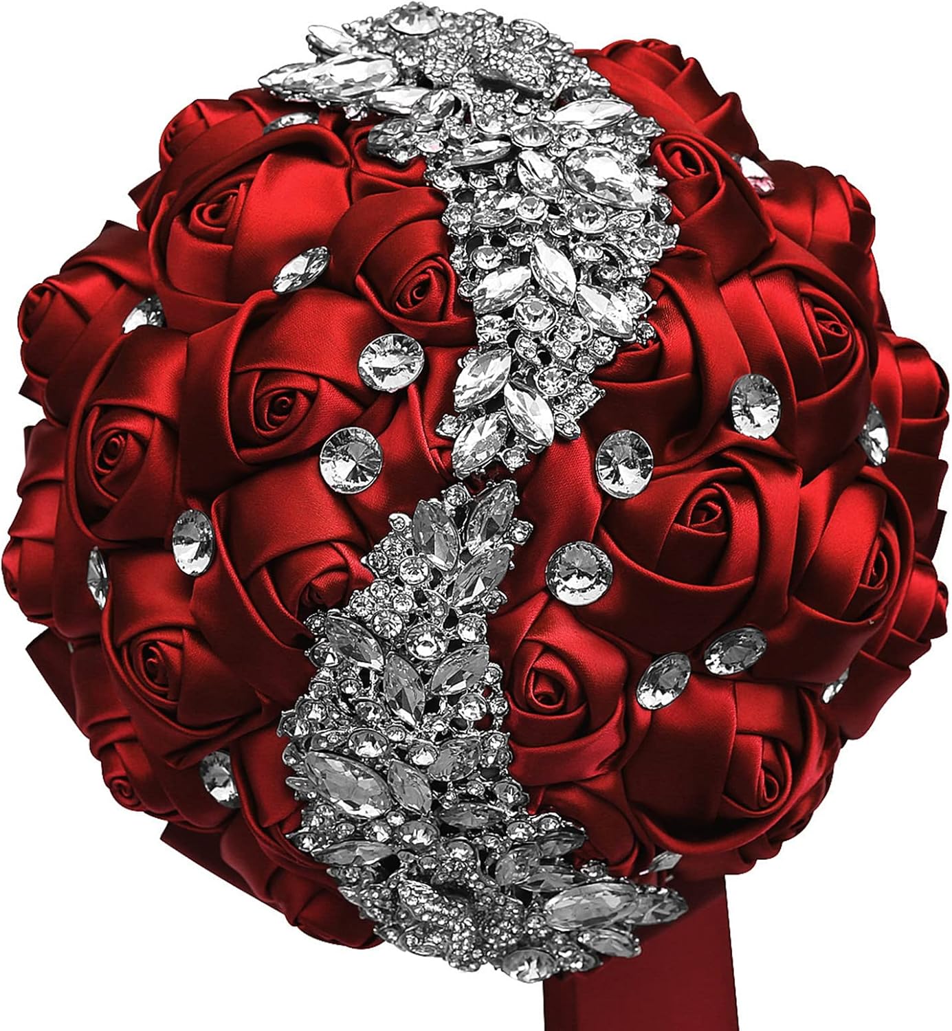 XINNI Brooch Bridal Wedding Bouquet Bride Bridesmaids Satin Rose Flower Bouquet with Meteor Shower Shape Rhinestone for Wedding Dark Red