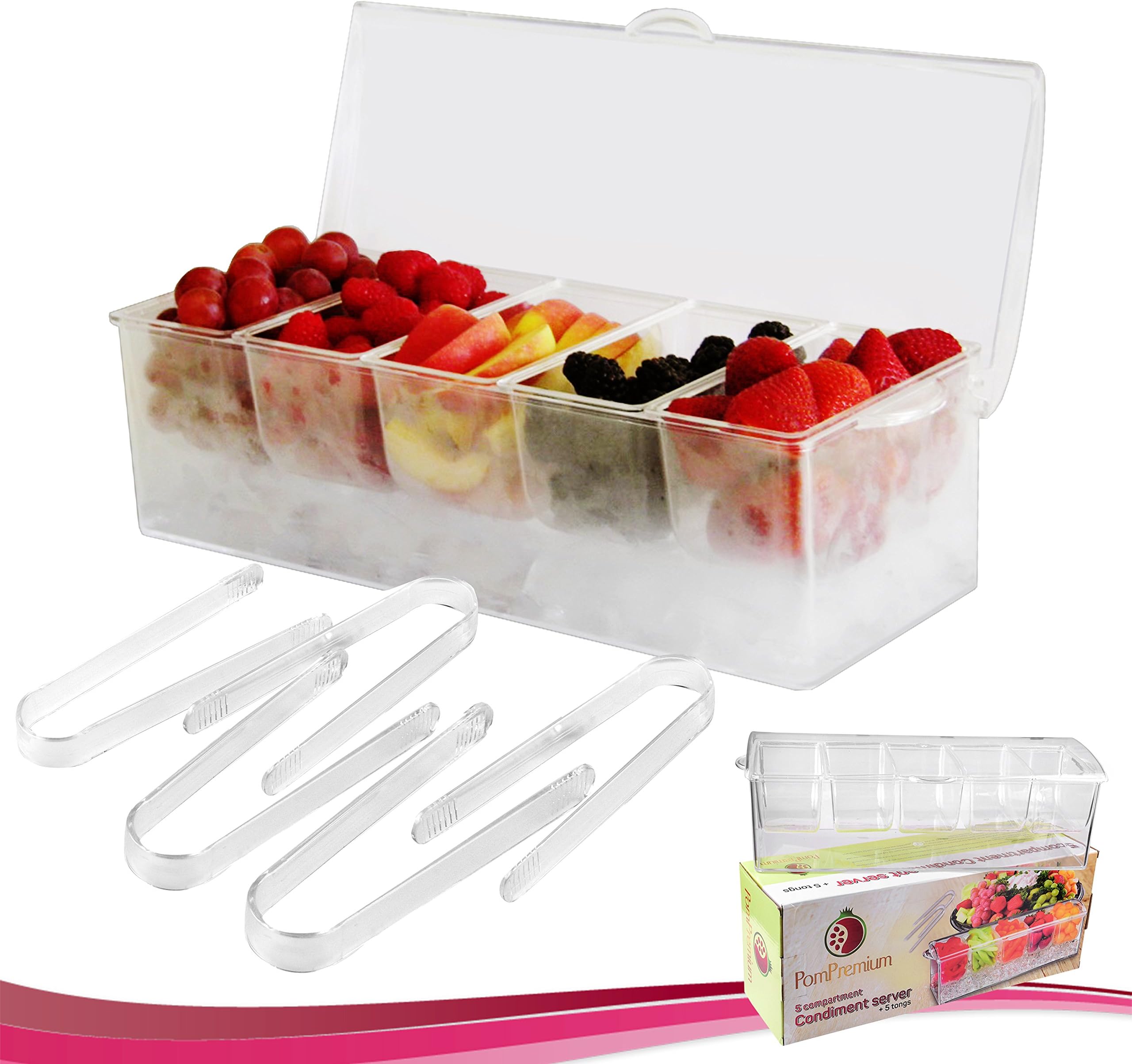 Chilled Condiment Server with 5 Compartments + 5 FREE Tongs I Removable Condiment Containers on Ice Tray Bundle