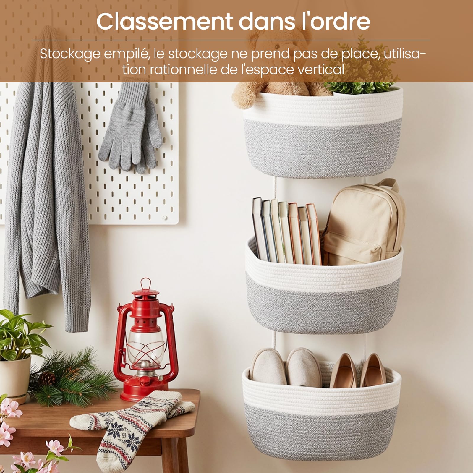 Organisateur Suspendu Mural 3 Niveaux avec Crochets, Sac Mural tissé Corde Coton – Salon, Chambre, Salle de Bain, Chambre Enfant (Gris-Blanc)
