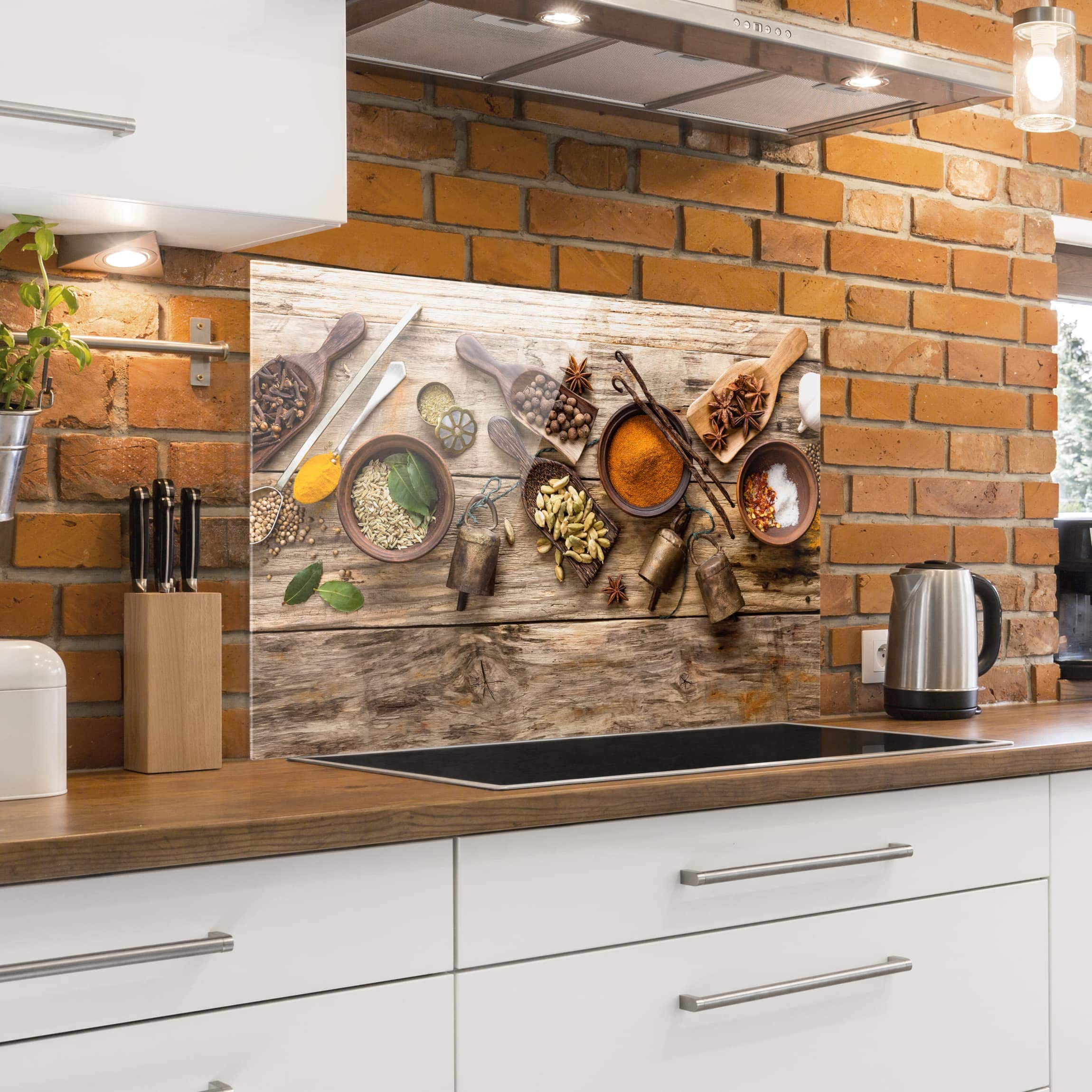 Fond de hotte avec support épaisseur 4mm culinaire crédence cuisine épices et herbes verre trempé panneau mural marron crédence en verre effet bois style oriental cuisine 1661 (90x59cm)