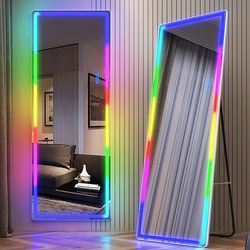 LVSOMT RGB LED Mirror, Full-Length Mirror with Lights, 63 X 22 Floor Mirror, Full Body Lighted Mirror, Free Standing x Wall Mounted, Large Full Size Stand up Mirror for Bedroom Living Room - White - 63"L x 22"W