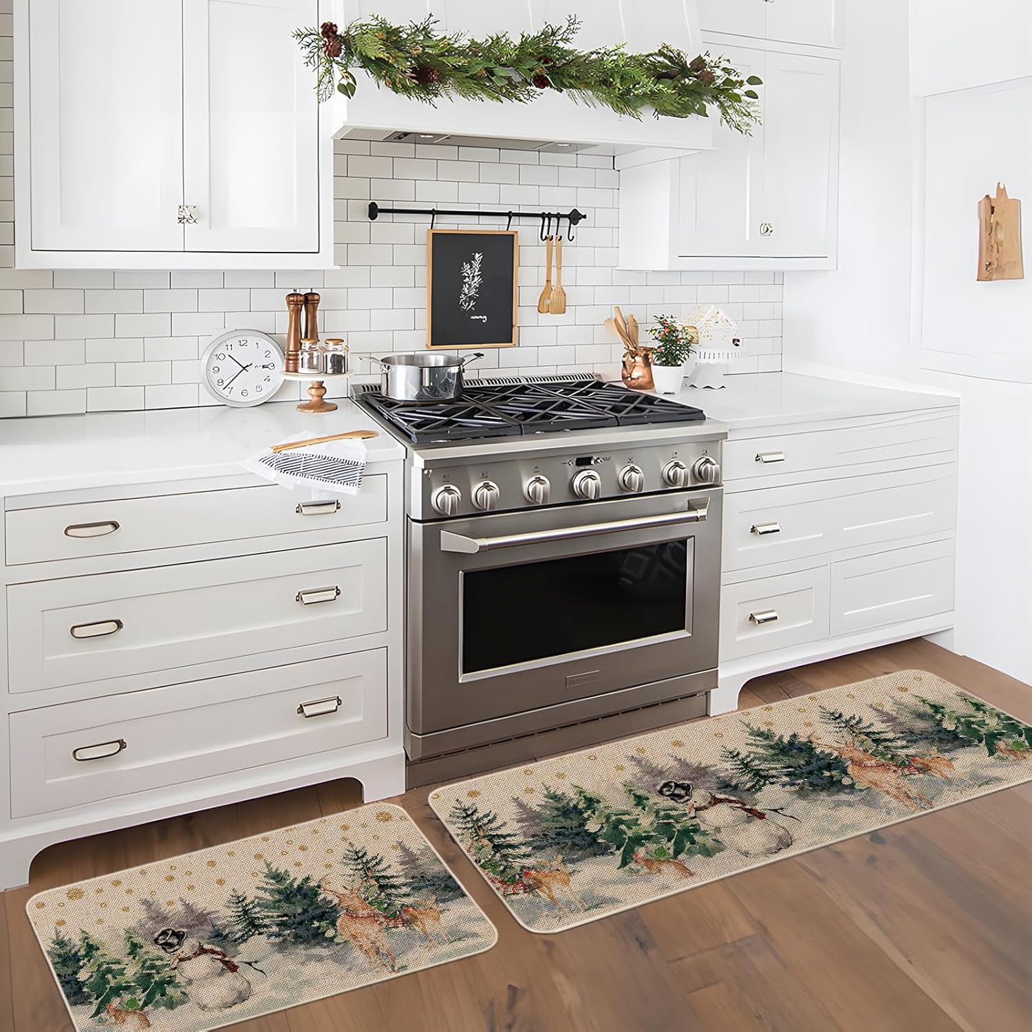 Moutina Christmas Snowman Reindeer with Scarf Decorative Kitchen Rugs Set of 2, Seasonal Winter Welcome Xmas Home Decor Low-Profile Kitchen Mats for Floor - 17x29 and 17x47 Inch