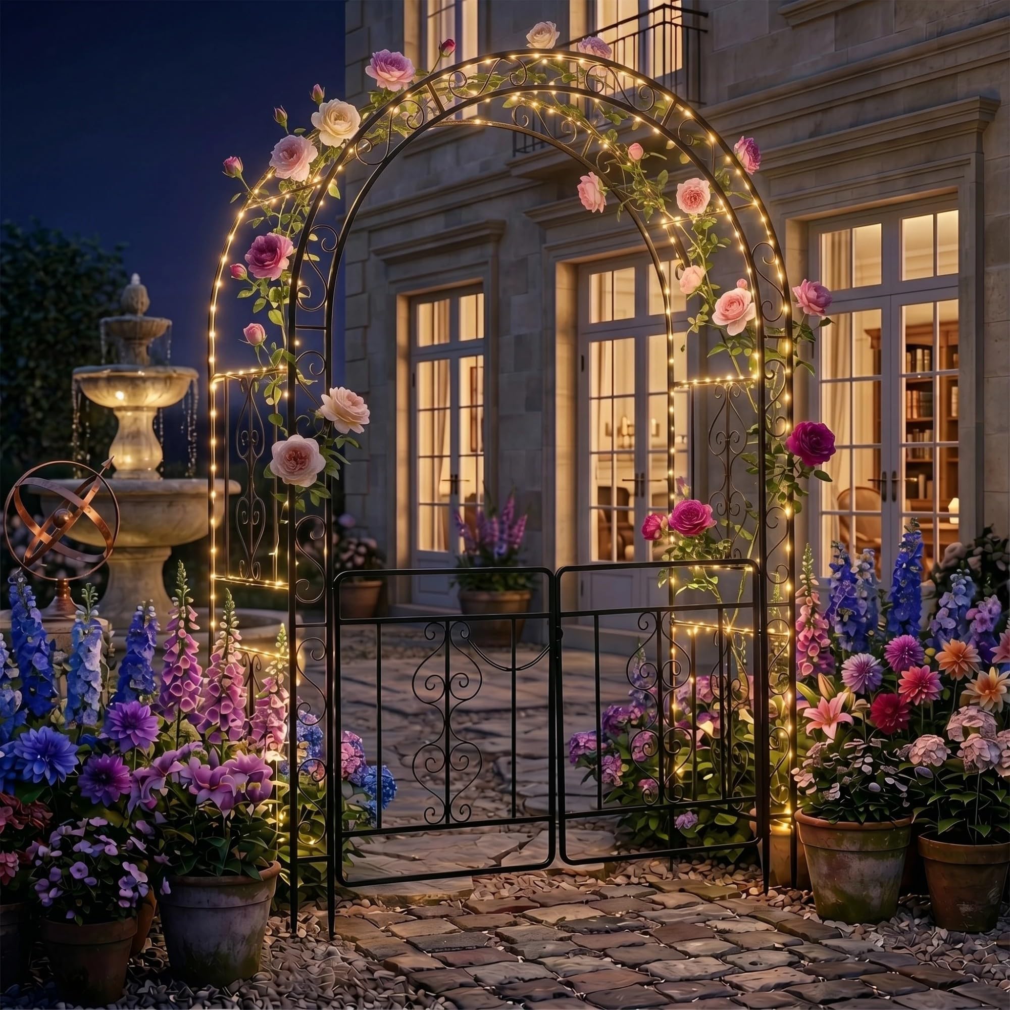 GYMAX Arche de Jardin Extérieure en Métal, Support pour Plantes Grimpantes | Double Portillon Verrouillable, pour Rosiers et Vignes, Décoration pour Pelouse Allée Mariage Fête, 135 x 60 x 213 cm