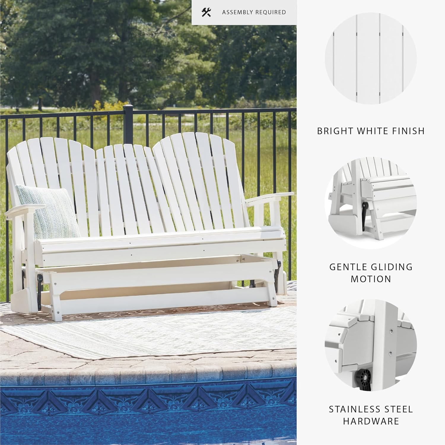 Signature Design by Ashley Hyland Wave Modern Weather Resistant HDPE Outdoor Glider Loveseat with Drop Down Table and 2 Cup Holders, White