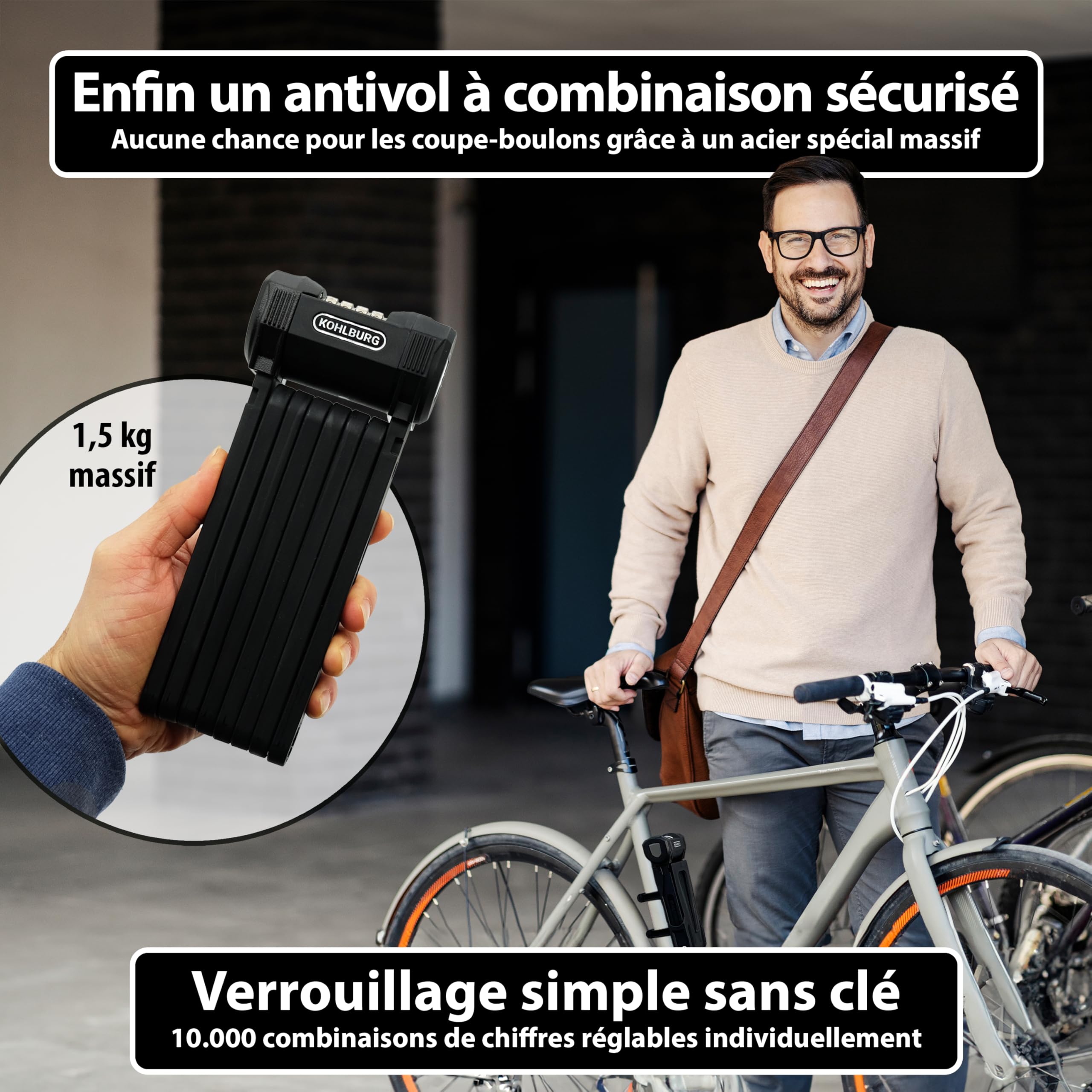 KOHLBURG Antivol Pliant vélo 110 cm à code chiffré de haute sécurité | Antivol à code pour vélo avec support – résistant aux coupe‑boulons – serrure & antivol pour vélo électrique