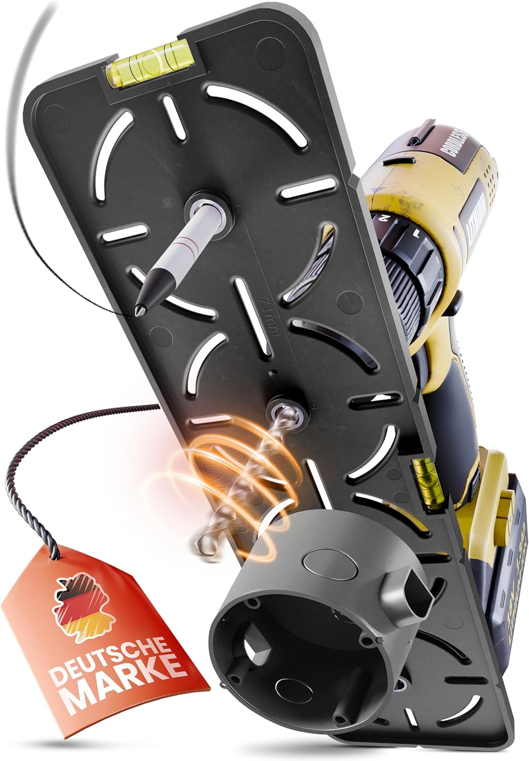Drilling template for sockets, including spirit level, electrician, spirit level for socket, flush-mounted box, cavity wall socket, rough construction template