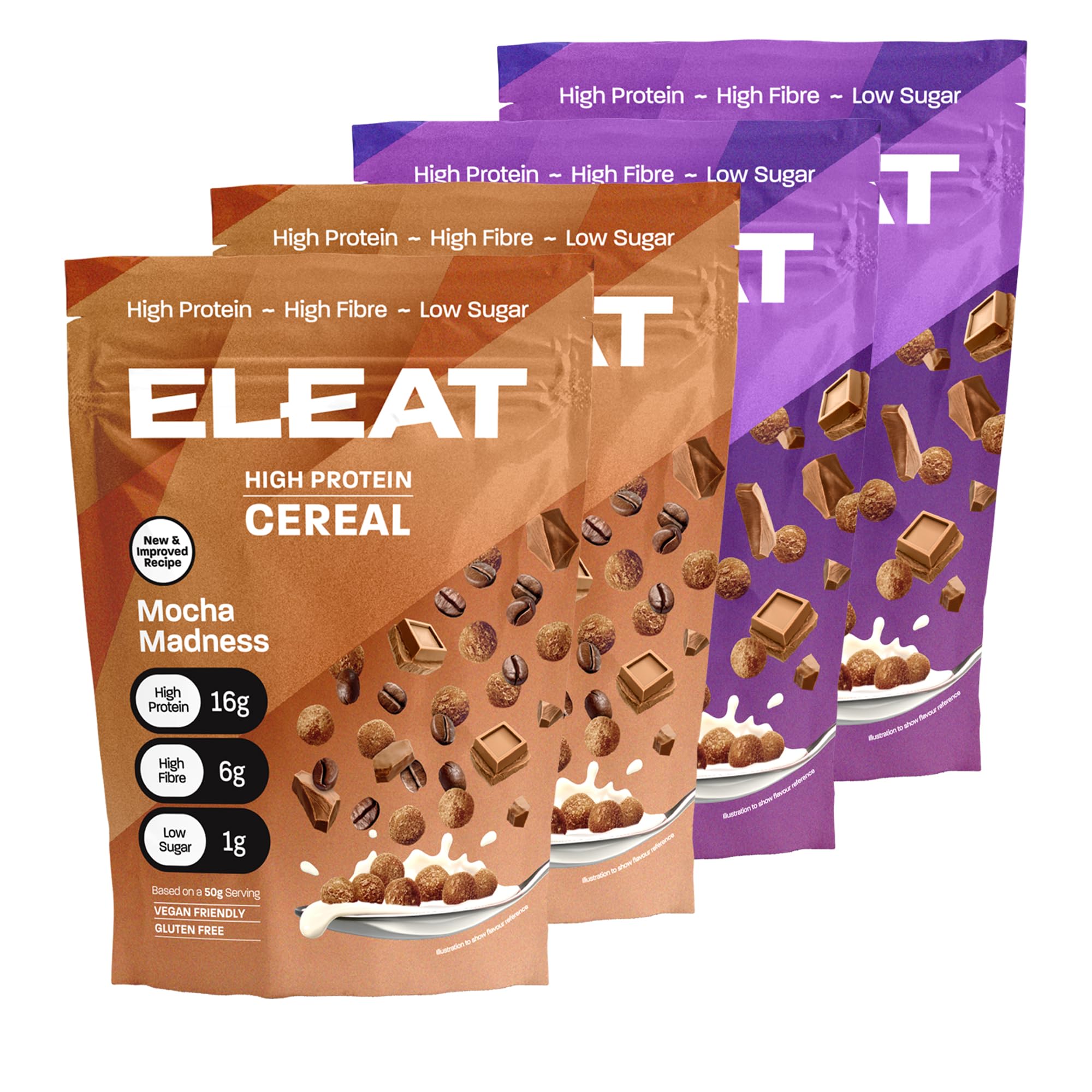 ELEAT | High Protein Cereal | Chocolate & Mocha Variety Pack | Low Sugar Cereals | High Fibre Cereal | Supports Your Gut Health | 4 x 250g Variety Pack