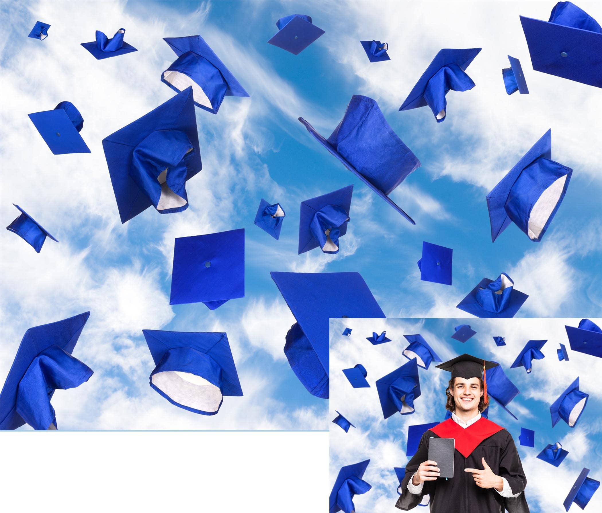 BELECO 7x5ft Graduation Celebration Backdrop Mortar Boards Thrown up to The Sky Photography Backdrop for Party University School Graduate Photoshoot Photo Background Props