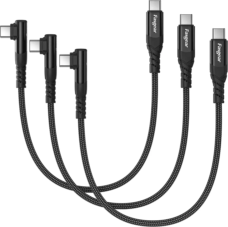 Fasgear USB C to USB C Cable, 3 Pack 60W Type C Cable (1ft, Black) | Right Angle, PD, Fast Charging, Compatible for Galaxy S26, Mac-Book Pro, i-Pad Pro M5, i-Pad Air 2025, Type C Devices