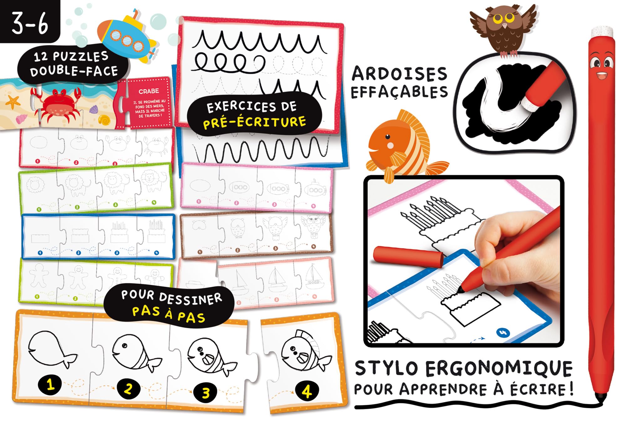 Lisciani - Montessori Pen: School of Drawing - Ergonomiczne pióro, puzzle i zestaw dwustronnego łupka dla dzieci od 3 lat - Nauka trzymania pióra - Wprowadzenie do rysowania - Wyprodukowano we