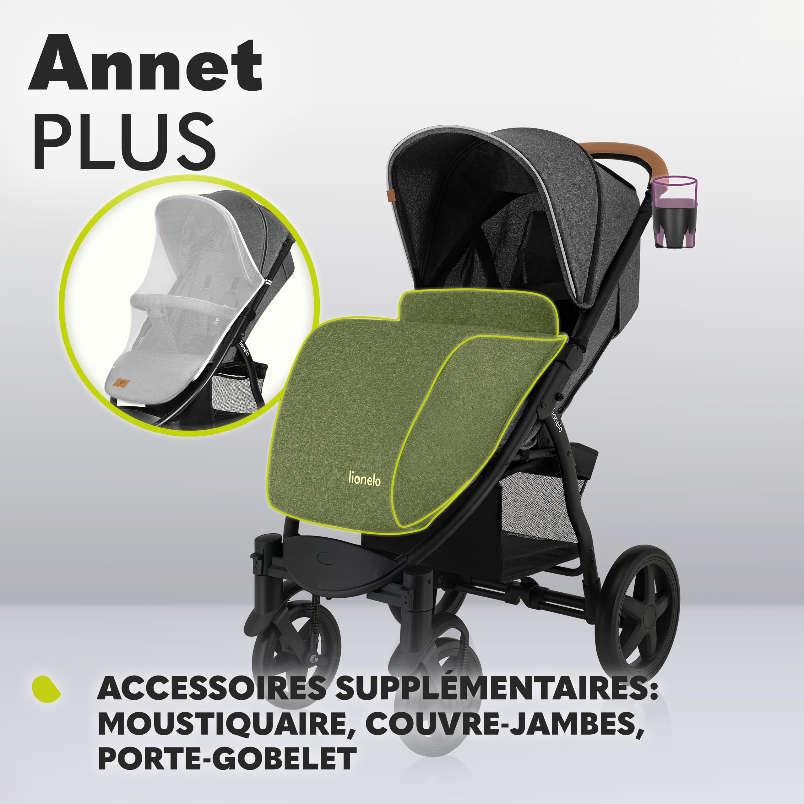 LIONELO Annet Plus poussette bébé 22 kg auvent fenêtre roues EVA moustiquaire porte-gobelet réglage dossier position couchée