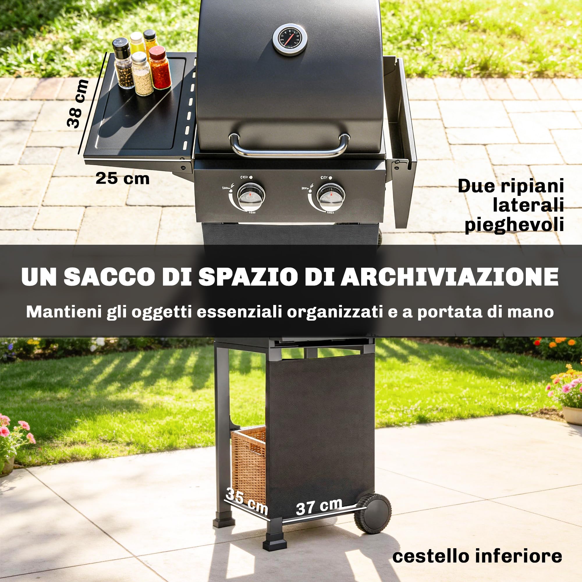 Outsunny Barbecue a Gas 2 Bruciatori 5.4 KW BBQ Portatile con Griglia Ripiani Pieghevoli Coperchio Termometro Ruote Nero