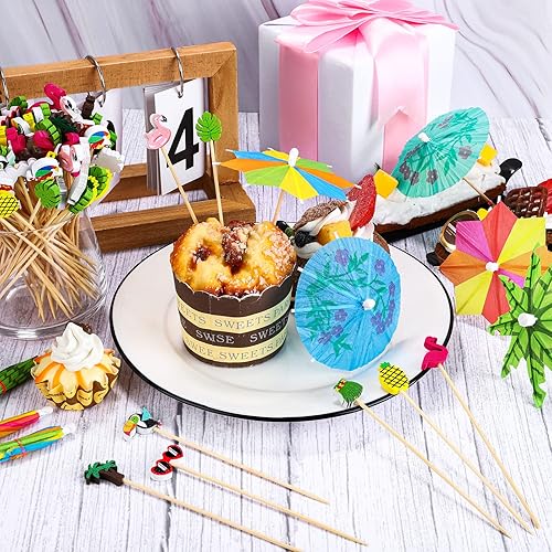 Miniatura 4 de 210 piezas hawaianas Luau surtidas selecciones tropicales de bambú para cóctel tropical de bambú, palma de coco tropical verde, paraguas de papel