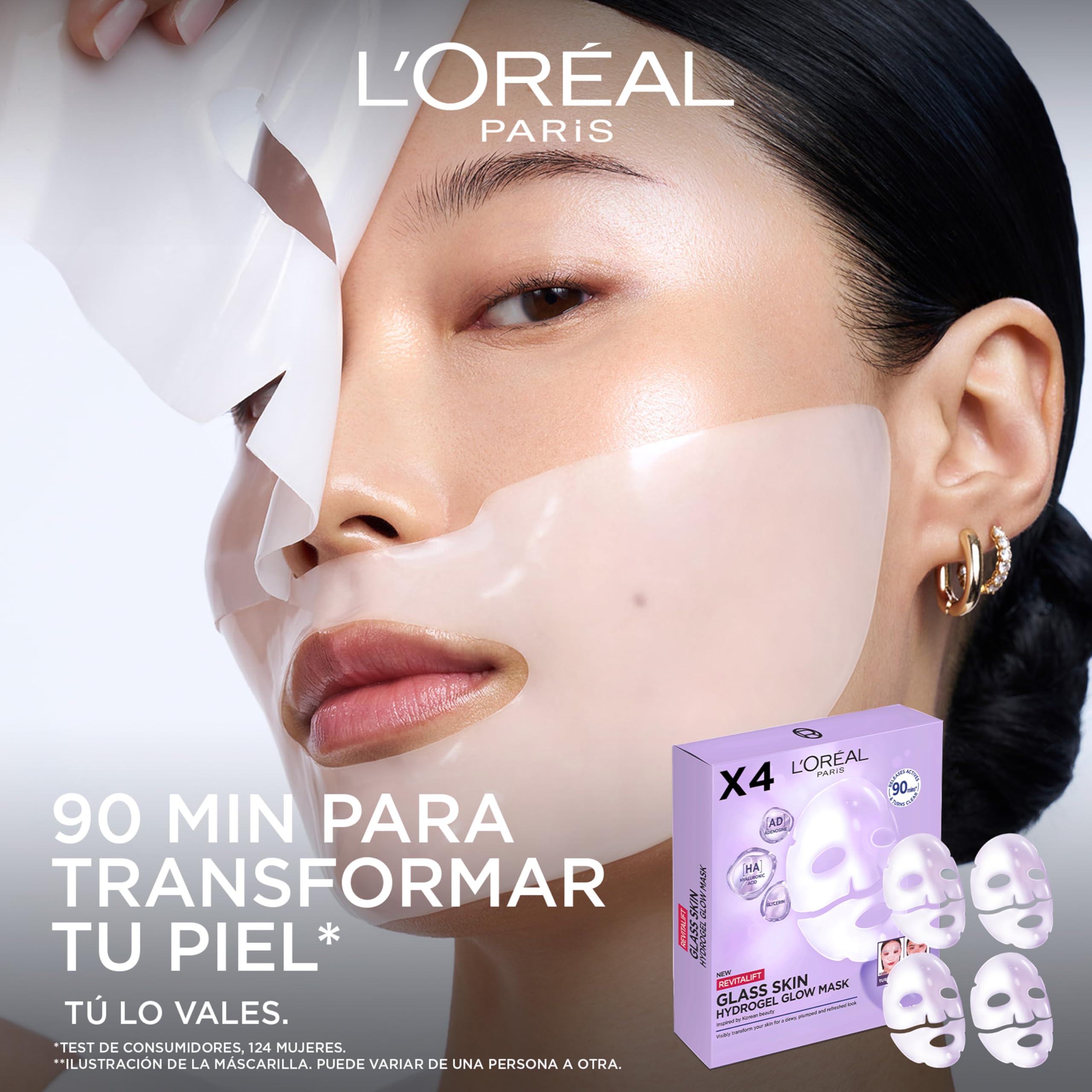 L'Oreal Paris L'Oréal Paris Revitalift Filler Glass Skin Mascarilla Facial Hidrogel Iluminadora, Piel Jugosa y Radiante. Tratamiento rellenador, Ácido Hialurónico, Glicerina, Extracto Centella Asiática, Pack de 4 in use