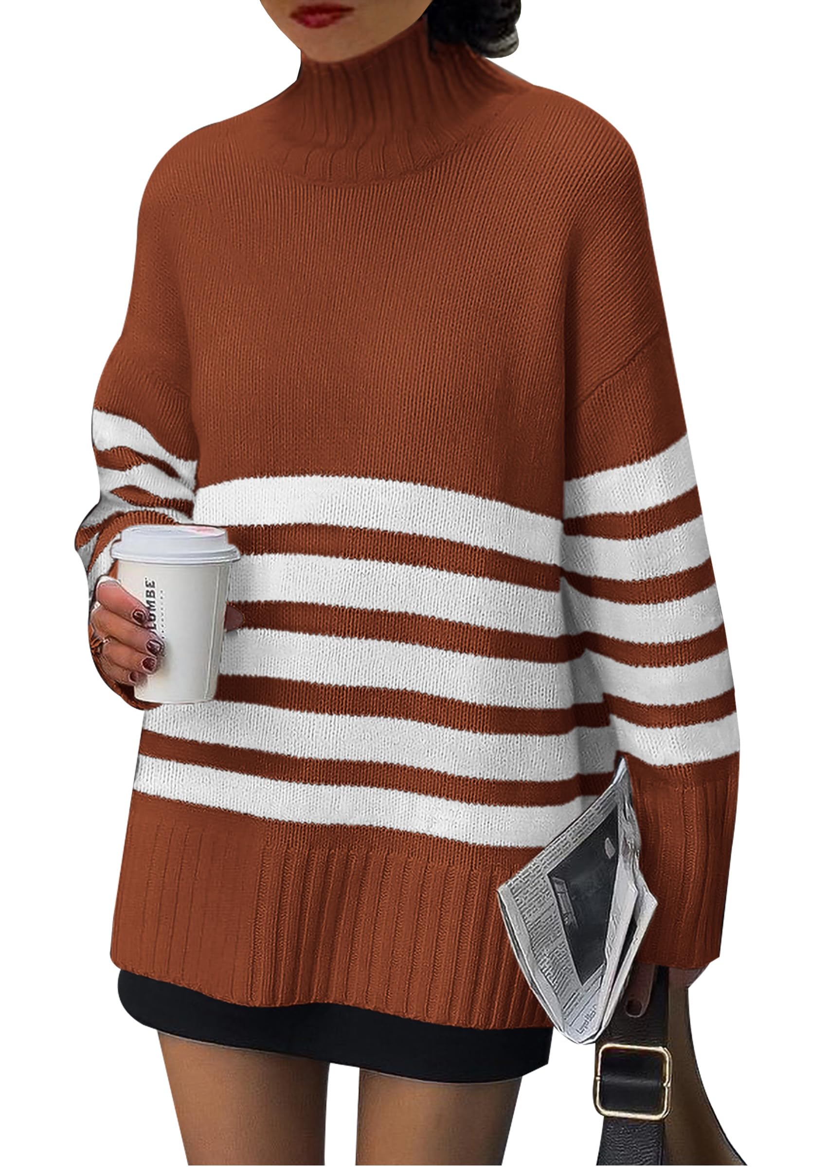 PRETTYGARDEN Women Oversized Striped Turtleneck Sweater 2025 Fall Fashion Long Sleeve Pullover Winter Chunky Knit Jumper Tops