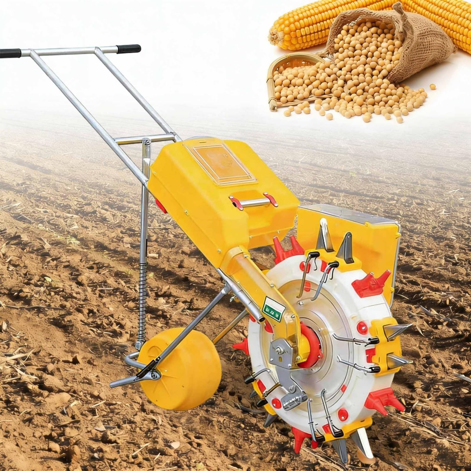 Sembradora Manual, Herramienta de siembra y aplicación de Fertilizante con Rodillo de Empuje Manual, sembradora de una Sola Rueda para siembra en hileras, Ideal para Soja maíz(6 Nozzles)