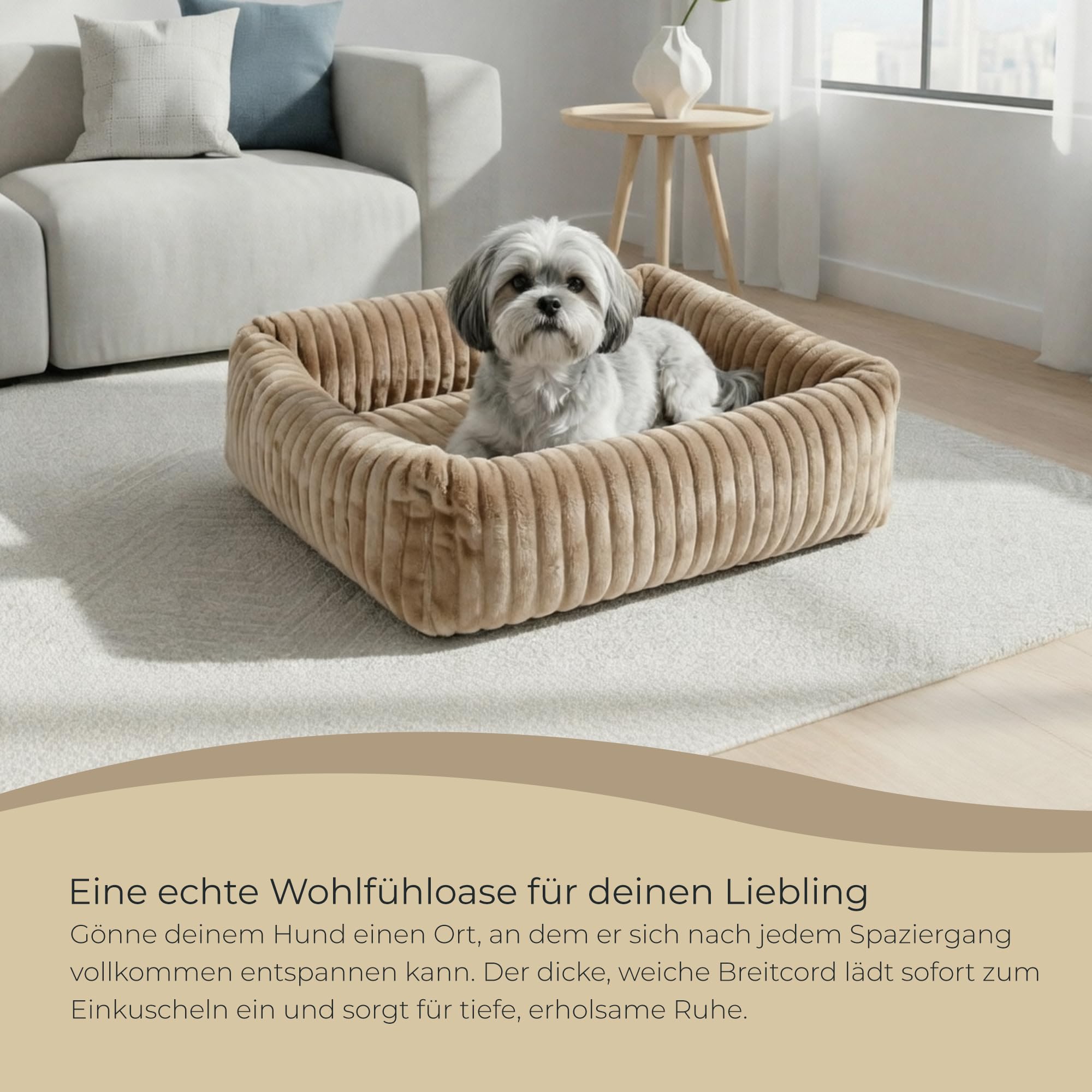 Hundebett - 75 x 65 cm Breitcord - mit stabilen Rändern und Silikonfaser-Füllung - mit separater Liegematte für Unterwegs - Hundekissen Ecru