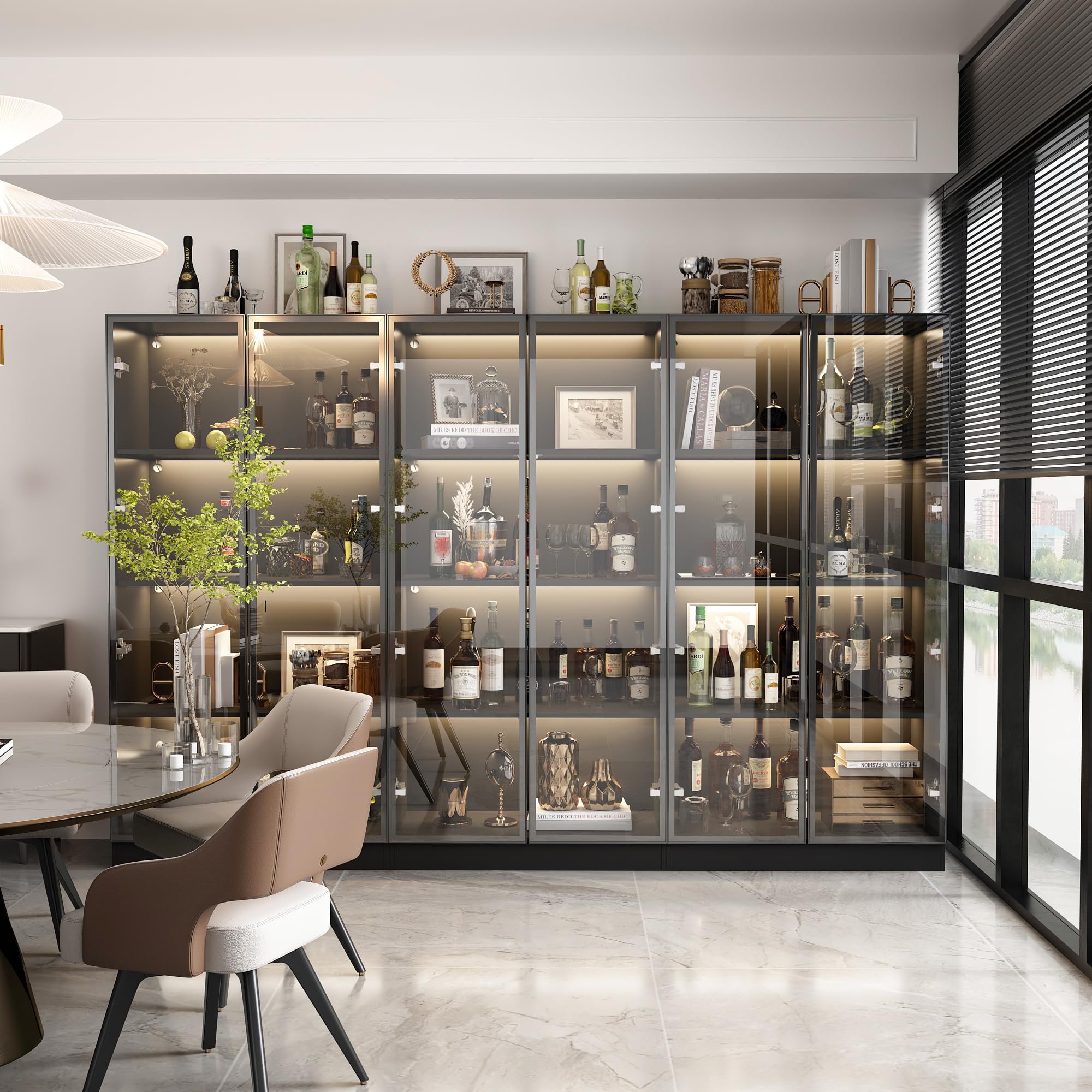 Vitrina de vidrio con iluminación LED, negra, vitrina de colección, diseño pop-up, vitrina con puerta de vidrio negro, 40 x 160 x 160 cm