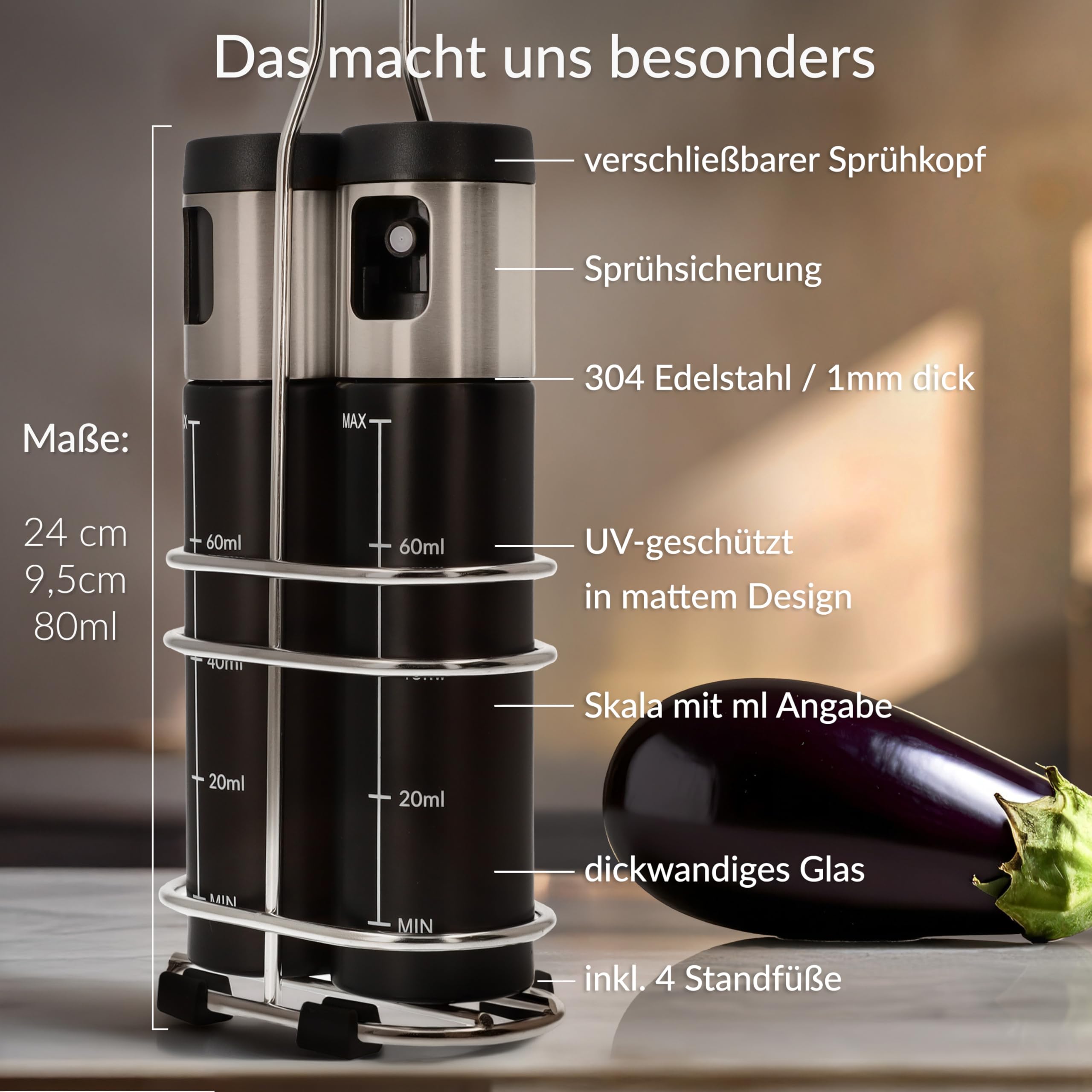 𝑷𝒓𝒆𝒎𝒊𝒖𝒎: Ölsprüher im 2er Set | hygienisch verschließbar, plus UV-Schutz, Öl Sprühflasche, Vielseitiger Oil-Sprayer - Edelstahl Sprühkopf – BPA-frei zum Kochen für die Küche