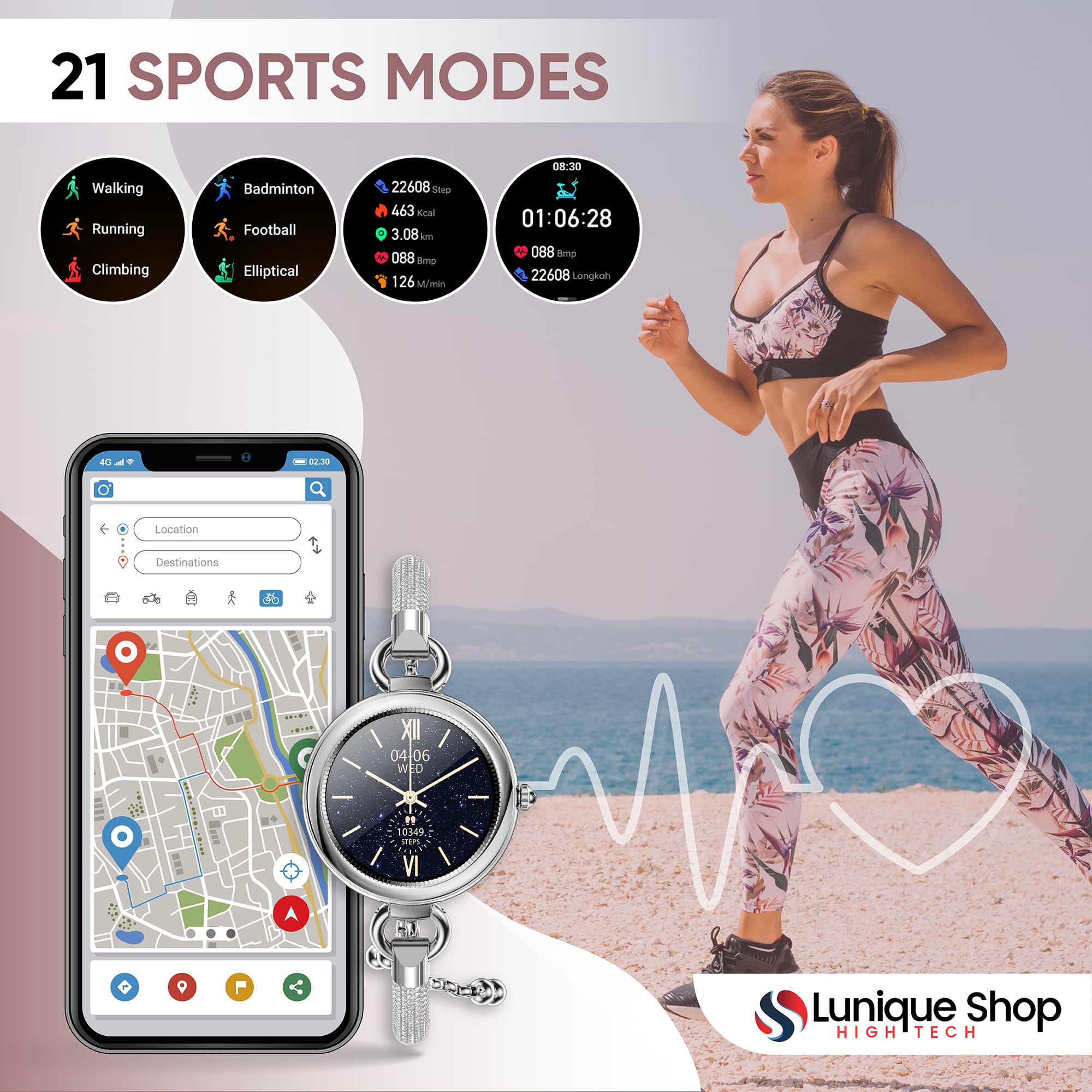 Nowość LSBEAUTY Rhinestone Inteligentny zegarek damski Smartwatch Tlen krwi, napięcie krwi, tętno, krokomierz pogoda muzyka inteligentna bransoletka iOS/Android srebrny