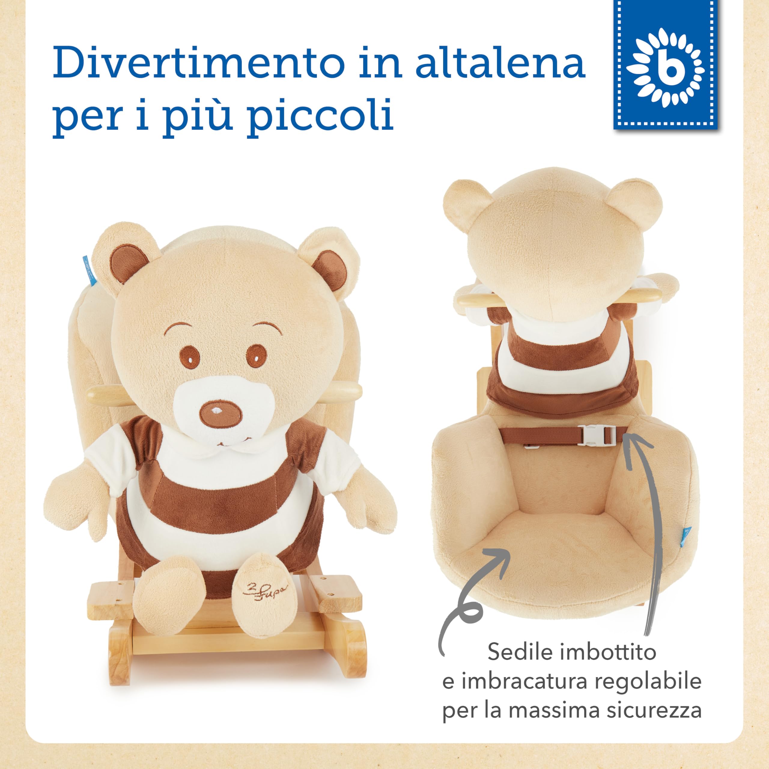 Bieco 74004003 - peluche a dondolo Bubu orso, marrone, per bambini sedia a dondolo, sedile e schienale, altalena peluche per neonati e bambini di circa 60 x 30 x 50 cm