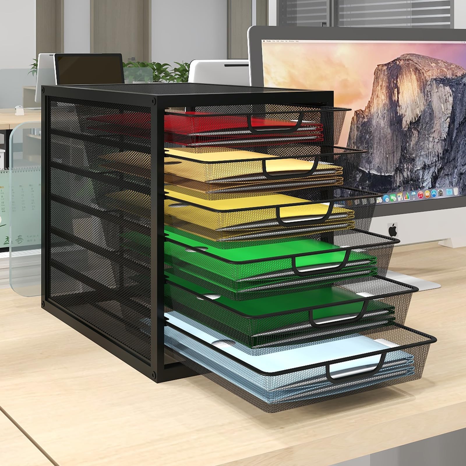Natwind Mesh Desk Organizer with 6 Tier Sliding Drawers, Paper Sorter, Multi-Functional Home Office Supplies Storage Tray for Letters, Documents, Books, Mail, Files, Arts & Crafts Supplies - Black