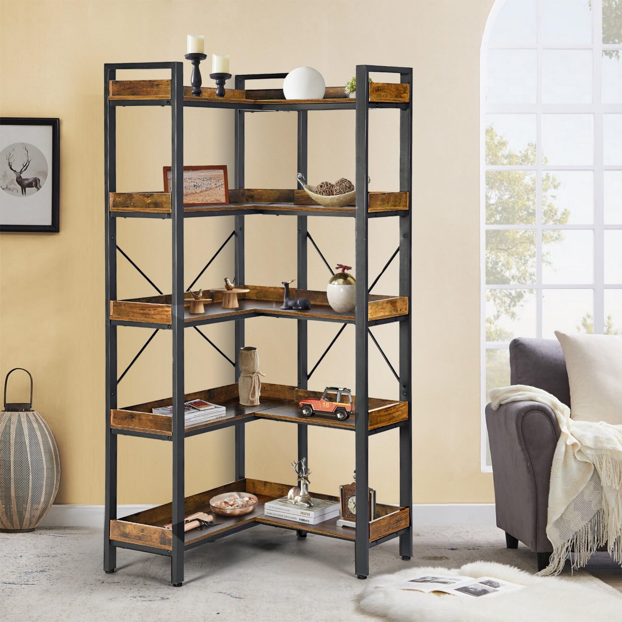 Bookshelf 5 Tier with 4 Hooks, Reversible Corner Bookshelf with Open Shelves and Metal Frame, Rustic Brown
