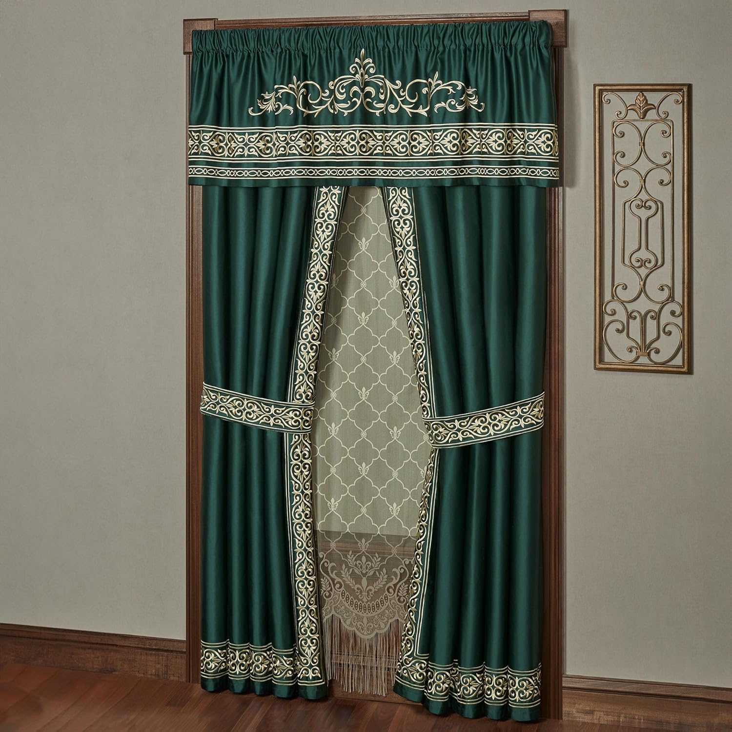 Touch of Class Balmoral Luxury Window Treatment | Imperial Emerald Green | Palace-Inspired Traditional Golden Scrollwork Embroidery | Designed Drapery Set: Tailored Valance and 84L Curtain Pair