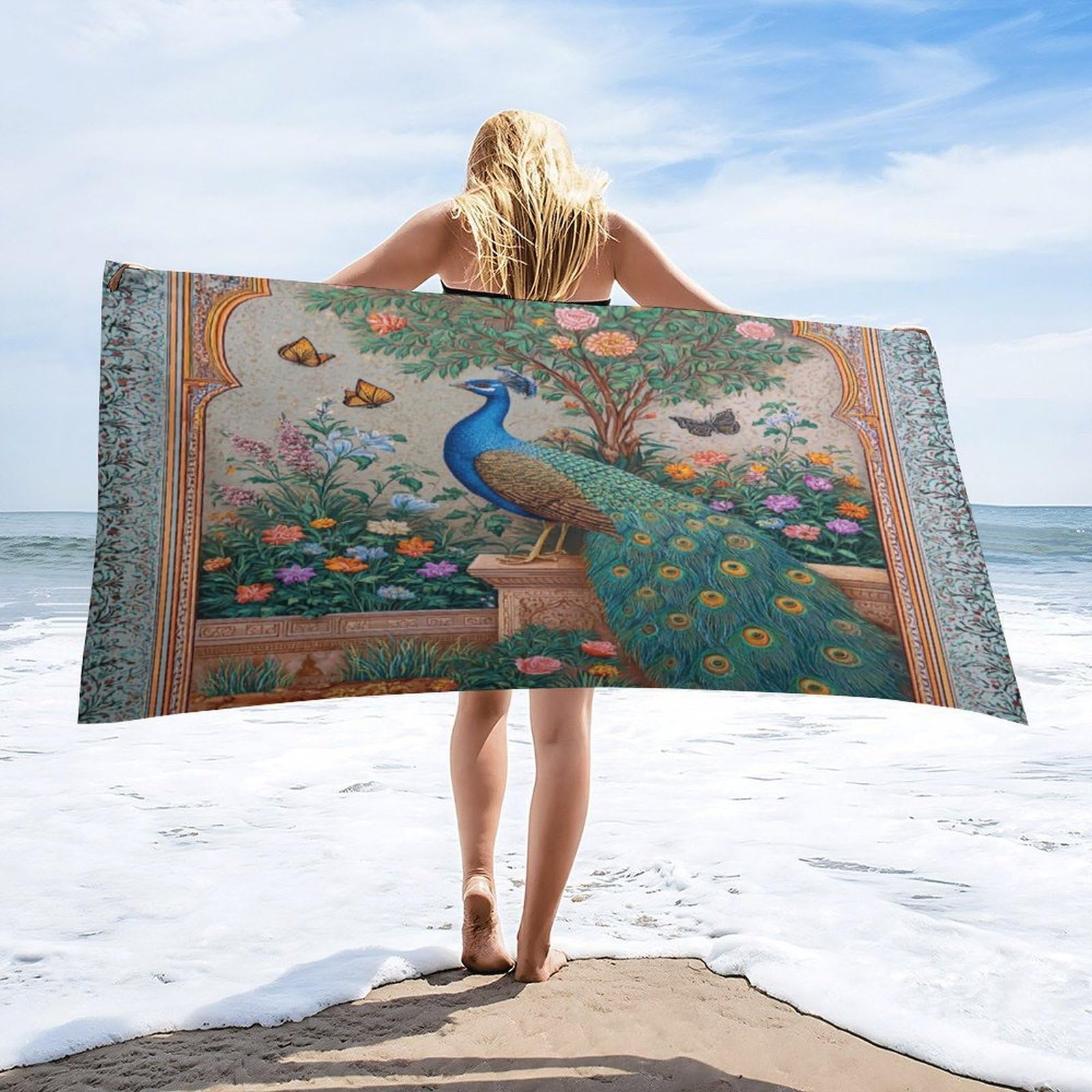 Luyysky Fantasy Bohimian Elegant Peacock Quick-Drying Beach Towel, Retro Oil Painting Animal Butterflies Peacock Botanical Floral Travel Vacation Single Sided Pile Bathroom Towels-80 W Cm X 160" L Cm