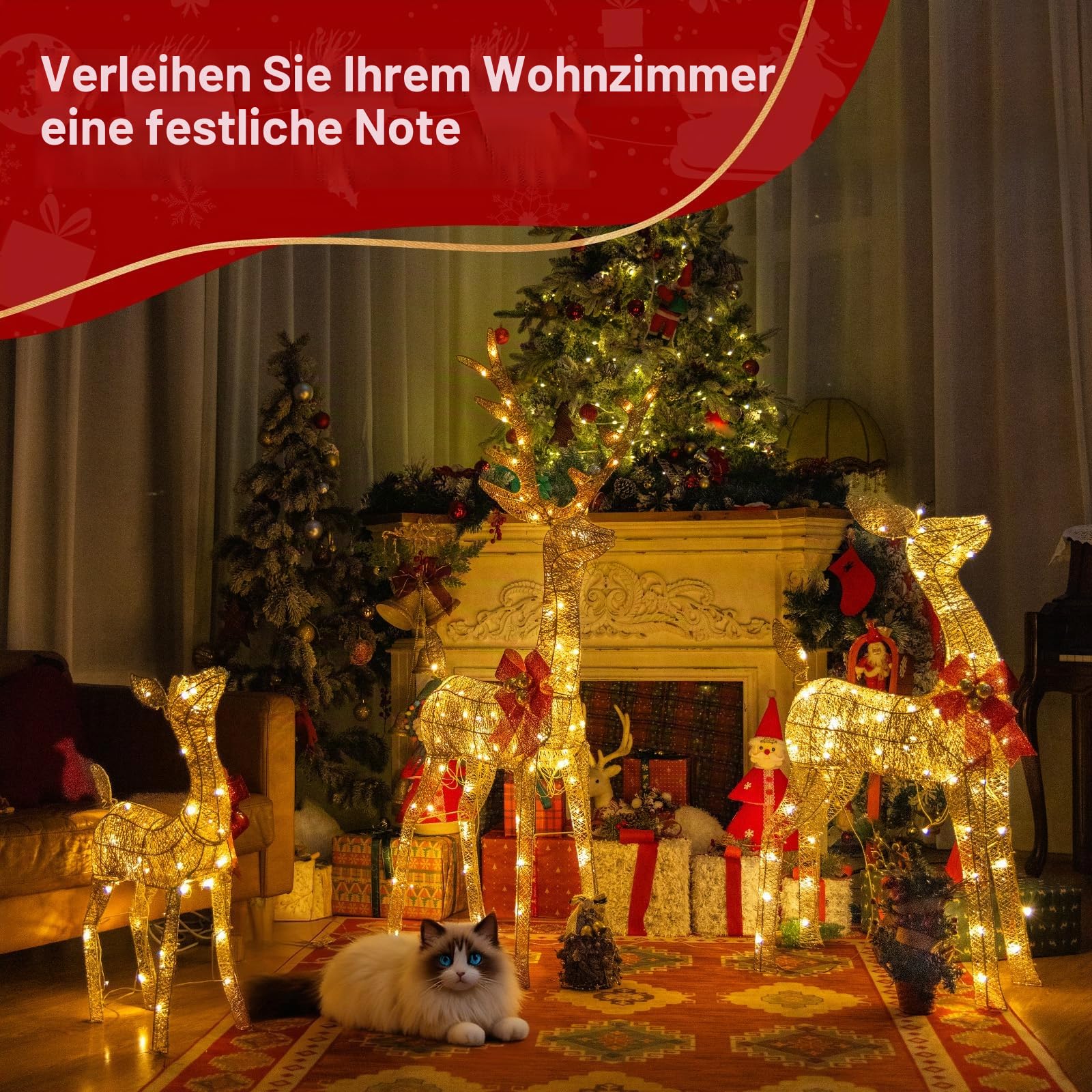 3 Stück Rentier Beleuchtet Aussen,Große Weihnachtsdekoration für den Draußen,mit 360° LED-Licht, Erdspießen, Wasserdicht, Goldfarben, für Hof, Terrasse, Restaurant Weihnachtsdeko