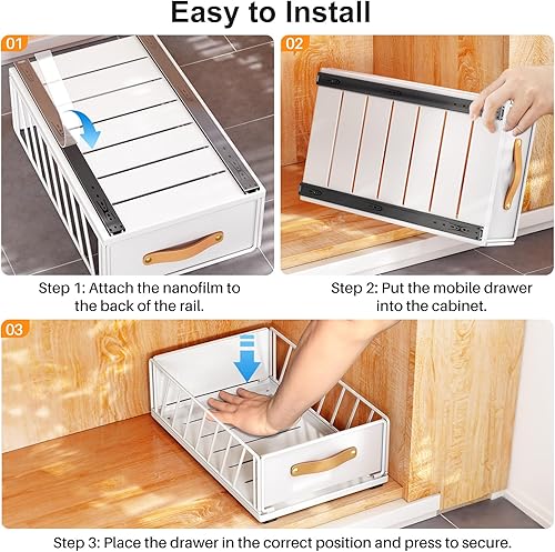 Miniatura 8 de Organizador de gabinete extraíble fijo con nano película adhesiva, estantes de despensa deslizantes resistentes, cesta de malla deslizante con asa