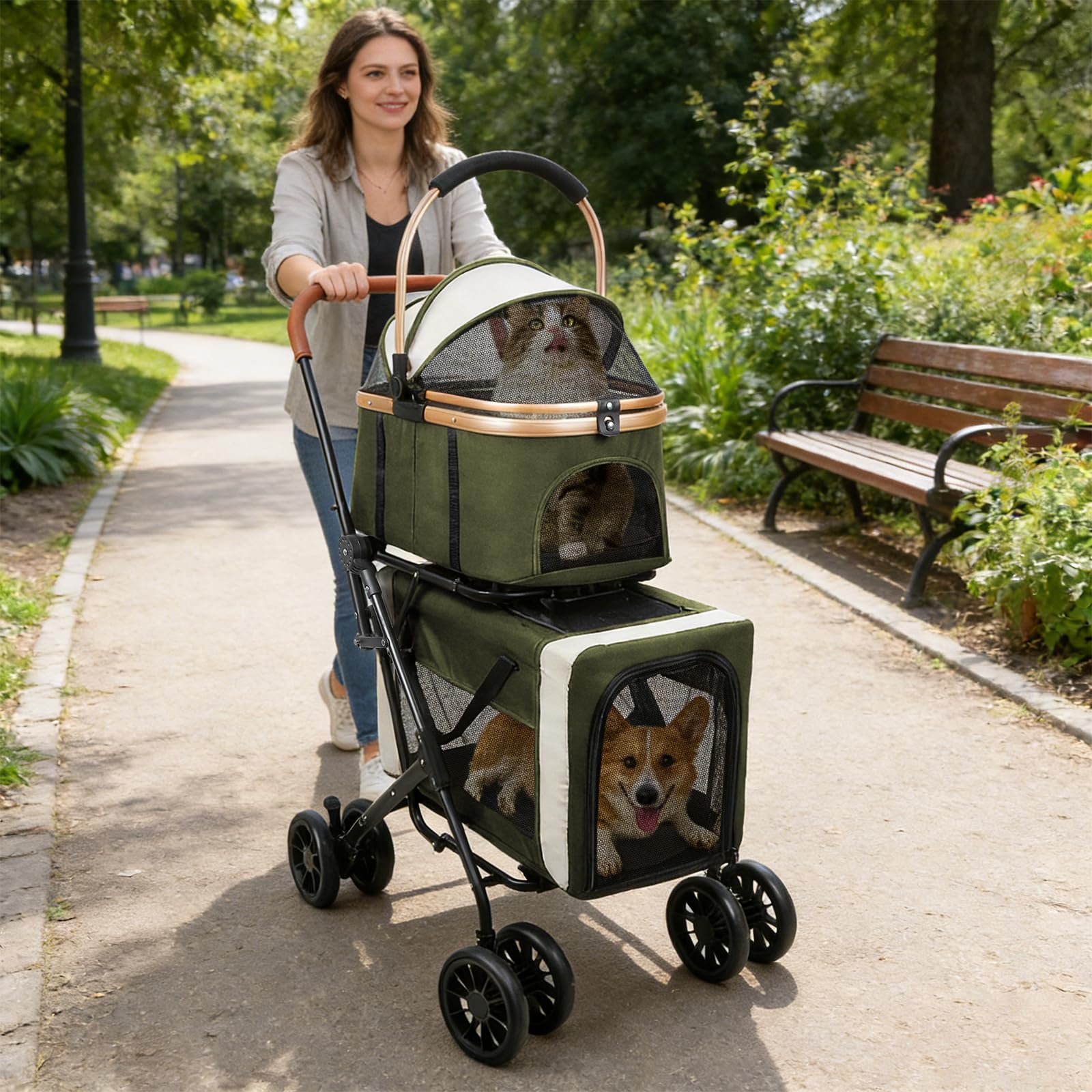 OHMG Poussette Double pour Chien, Pliable Poussette pour 2 Animaux Jusqu'à 16 kg, Transporteur pour Chats avec Coussins et Porte-gobelet, sac de Transport pour Cage pour Chien, 4 PCS Roues