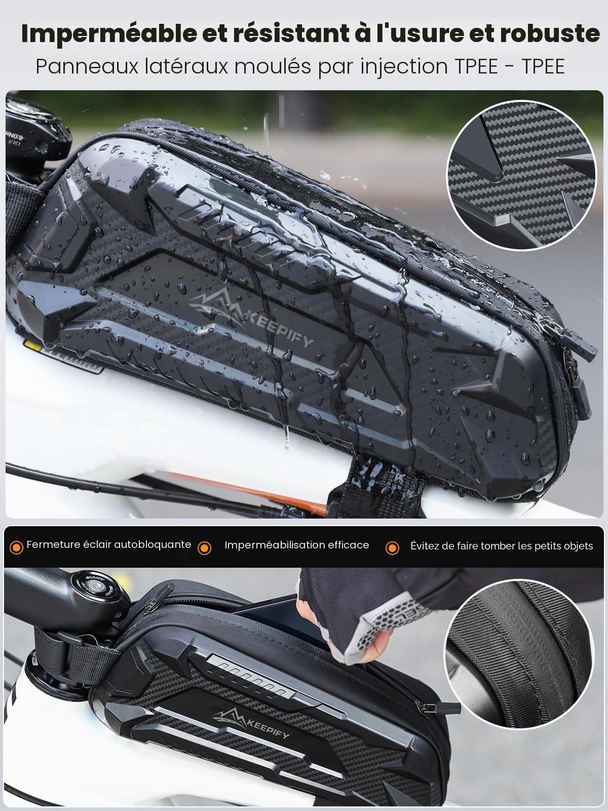 KEEPIFY Sacoche Cadre Vélo Super Support, Sacoche Vélo de Tube Horizontale Étanche et Légère, Nouvelle Sacoche Top Tube à Fermeture Éclair Autobloquante pour Vélo de Route et de Montagne - Noir