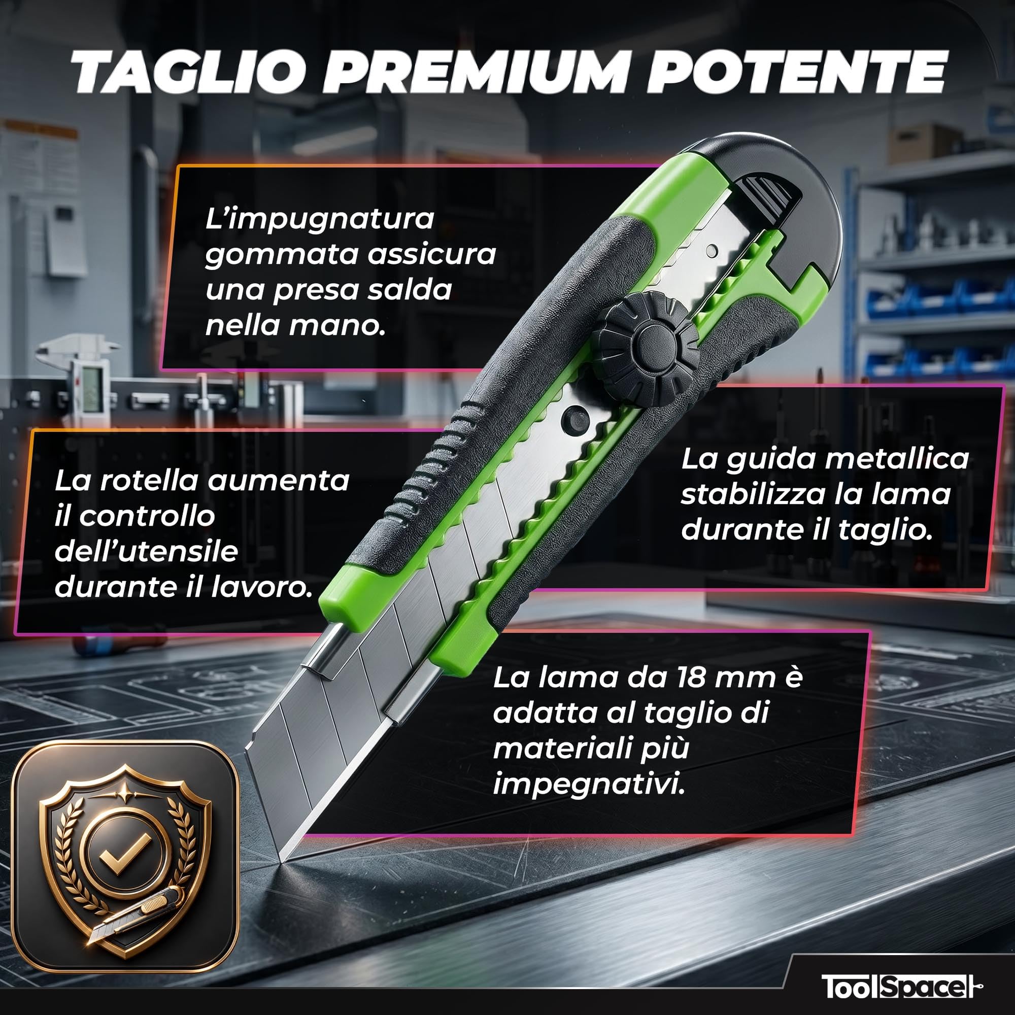 ToolSpace Cutter Professionale 18 mm 12x Lama Spezzabile Acciaio Al Carbonio Blocco Lama Impugnatura Antiscivolo Taglierino Per Cartone Carta Da Parati Moquette Imballaggi Cantiere Bricolage