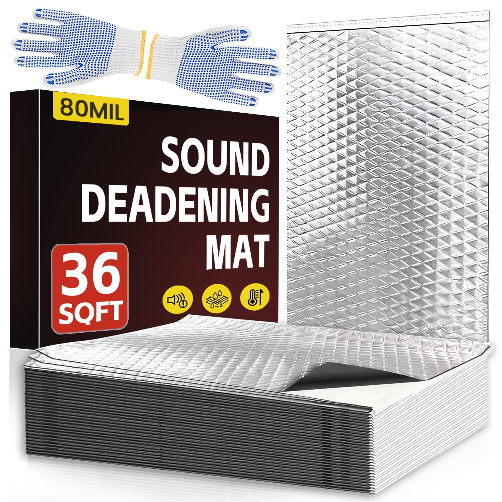 DNSGOOR 33 Pcs 80mil (2mm) 36 sqft(3.4 sqm) Car Sound Deadening Mat,Butyl Automotive Sound Deadener,Noise Insulation and Vibration Dampening Material with Silicone Bumps Gloves