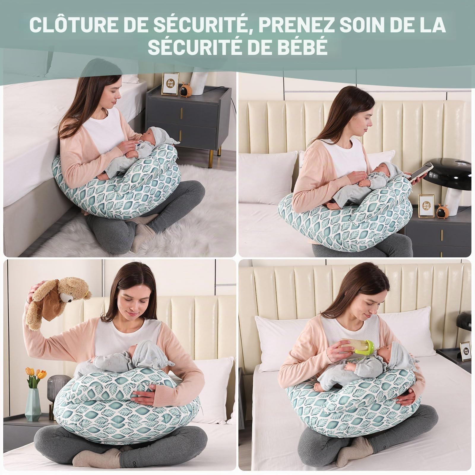 Coussin d'Allaitement pour Bébé : Oreiller de Maternité Ultra Doux, Coussin d'Allaitement pour Bébé avec Barrière de Sécurité, Coussin de Nourrissage Confortable Cadeau de Grossesse (Feuilles Vertes)