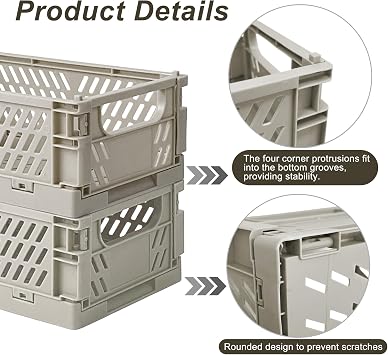2 Pack Mini Foldable Small Plastic Baskets for Organizing and Storage,Collapsible Storage Crates,Mini Bins for Home Kitchen Bedroom Bathroom Office (Grey, Large 10x6.5x4)