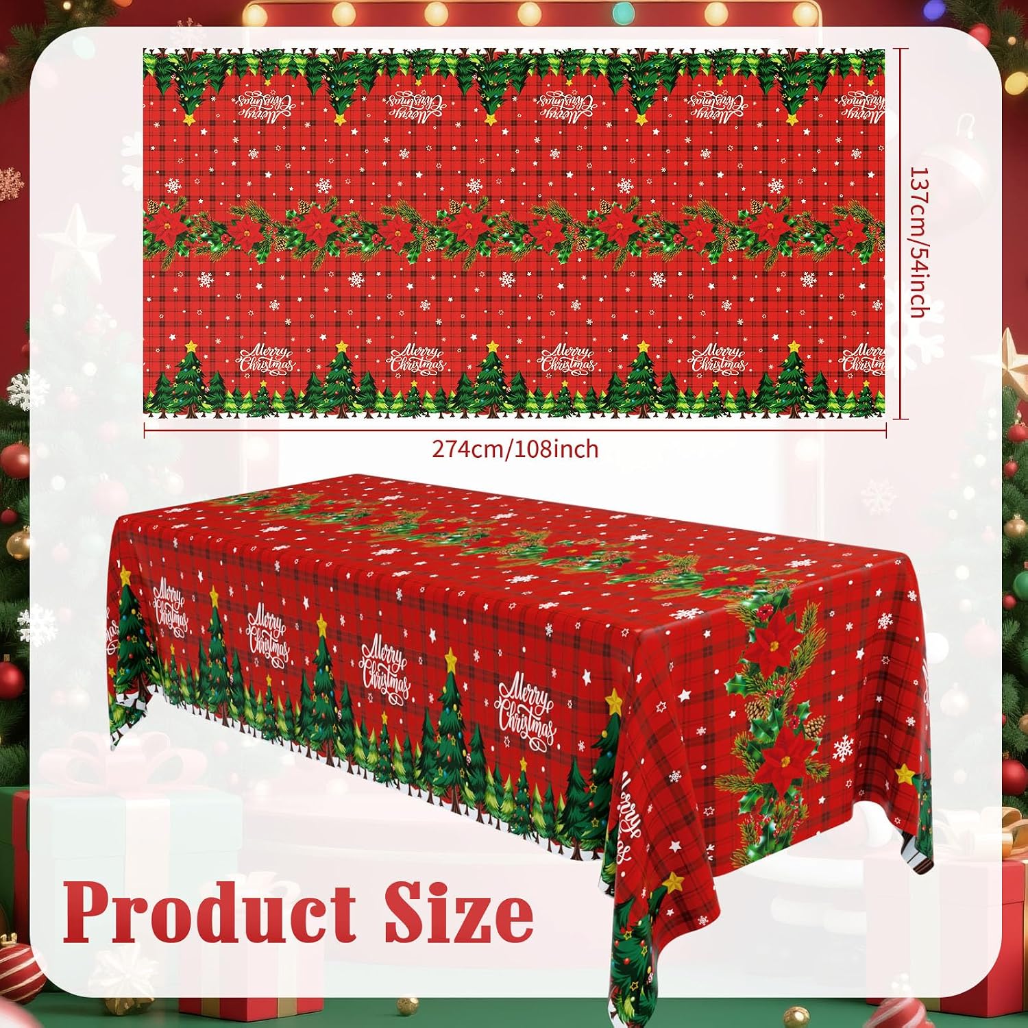 Oudain 6 Pcs Christmas Tablecloth 54 x 108 Inch Red Checkered Rectangle Table Cover Disposable Xmas Plastic Table Cloth with Poinsettia Tree Pattern for Christmas Winter Holiday Party Supplies