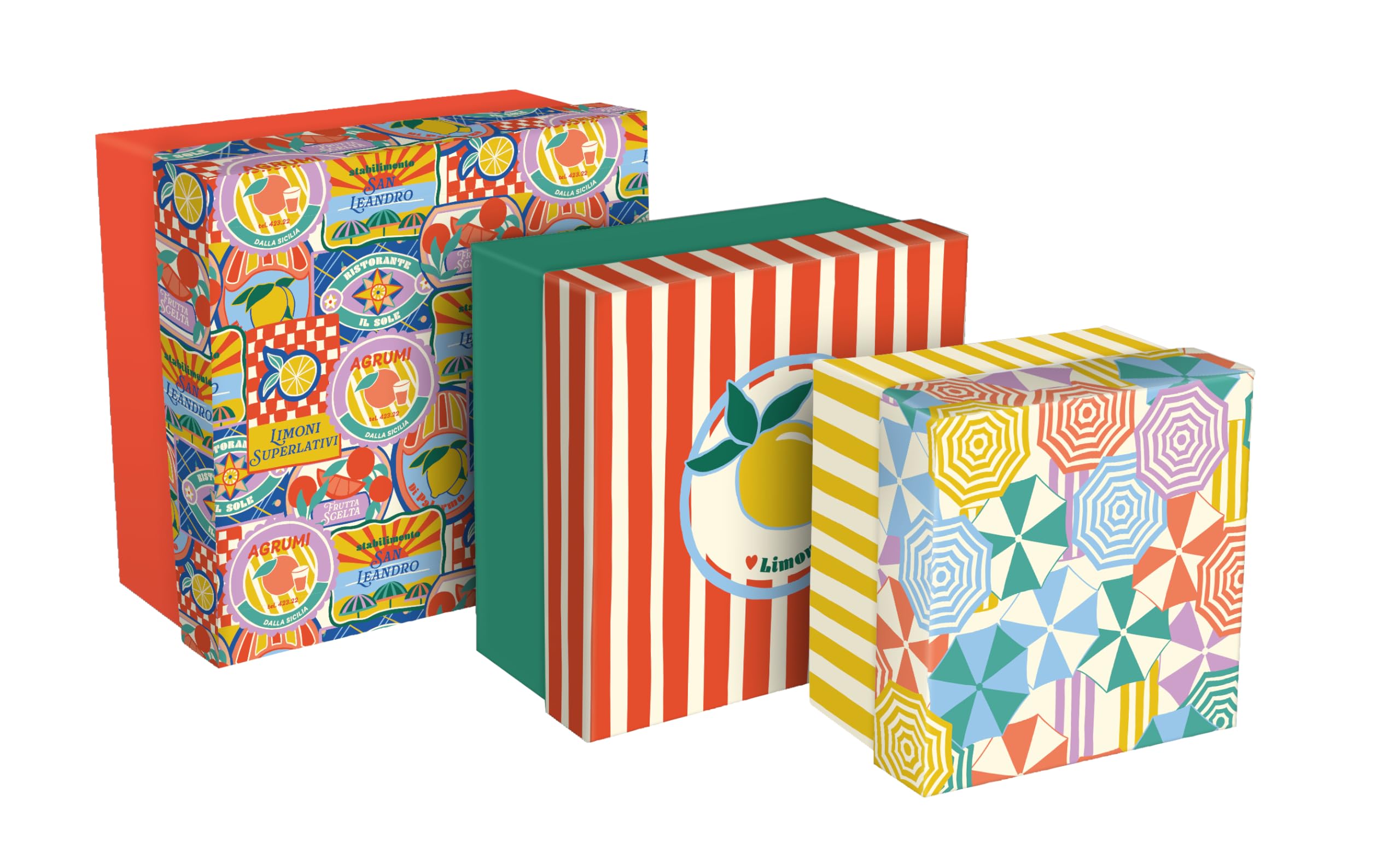 Clairefontaine - 116281C - Set of 3 Square Multipurpose Gigantic Storage Boxes Cardboard Citrus/Stripes 25x25x12cm 20x20x11cm 16x16x10cm Dolce Amore Collection