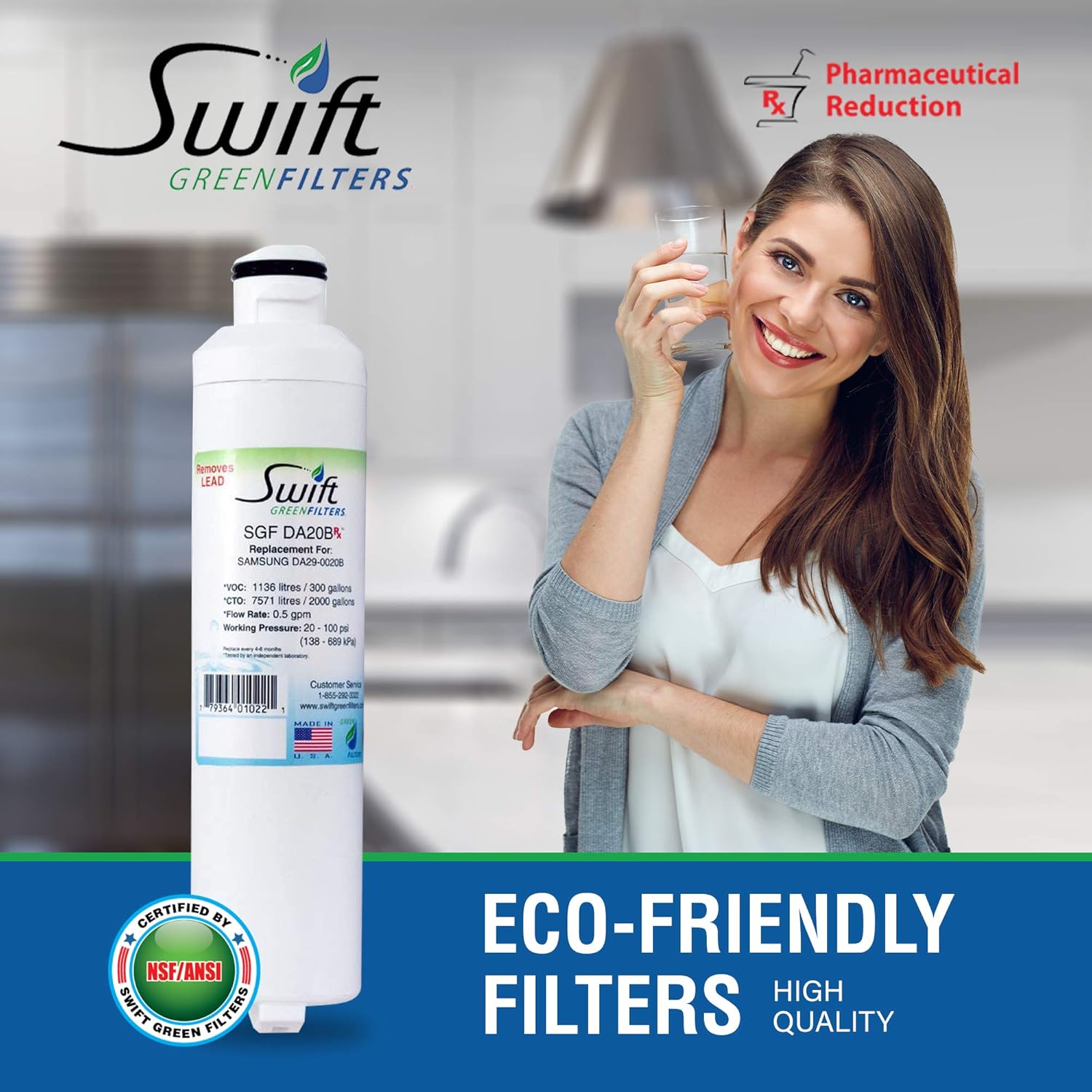 Swift Pharmaceutical Water Filter(SGF Rx) SGF-DA20B Rx SAMSUNG DA29-0020B Compatible Refrigerator Water Filter