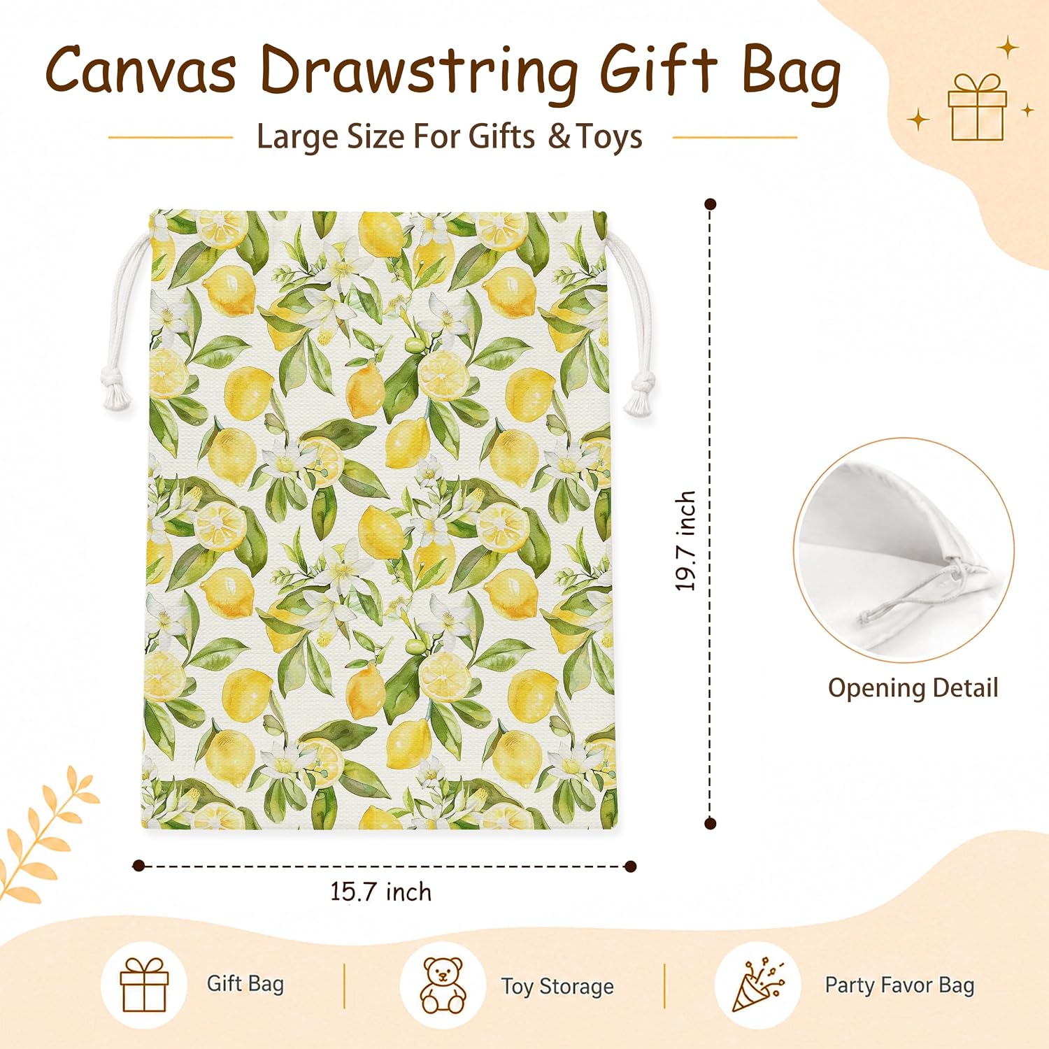 Rustic Lemon Floral Canvas Drawstring Gift Bag 15.7x19.7 Inch image 2