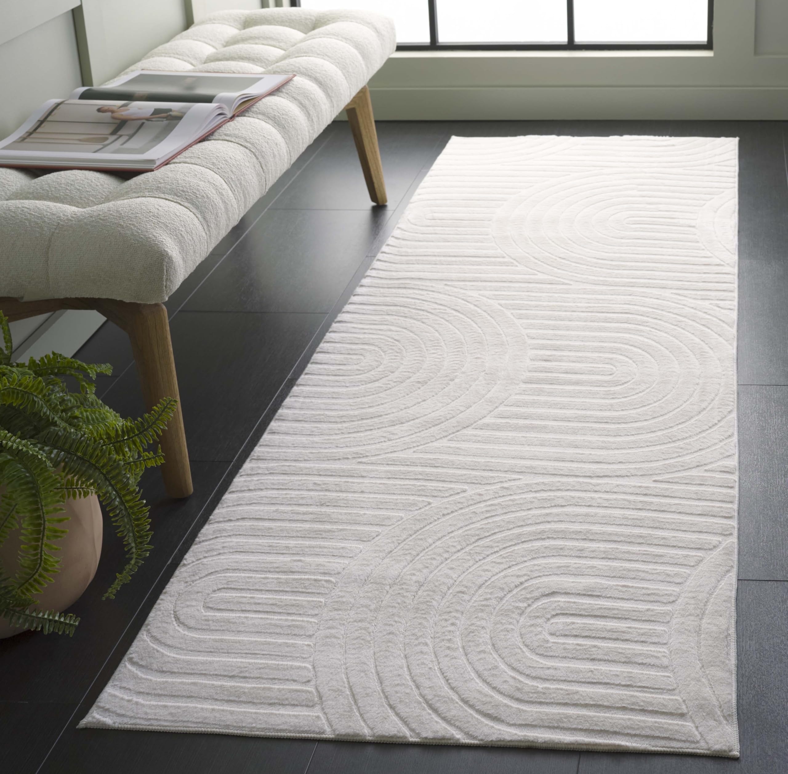 SAFAVIEH Washable Rug Faux Rabbit Fur Shag Collection - 2'6" x 8 Runner, Ivory, Slip Resistant & Easy Cleaning, Ideal for Living Room, Hallway, Foyer,